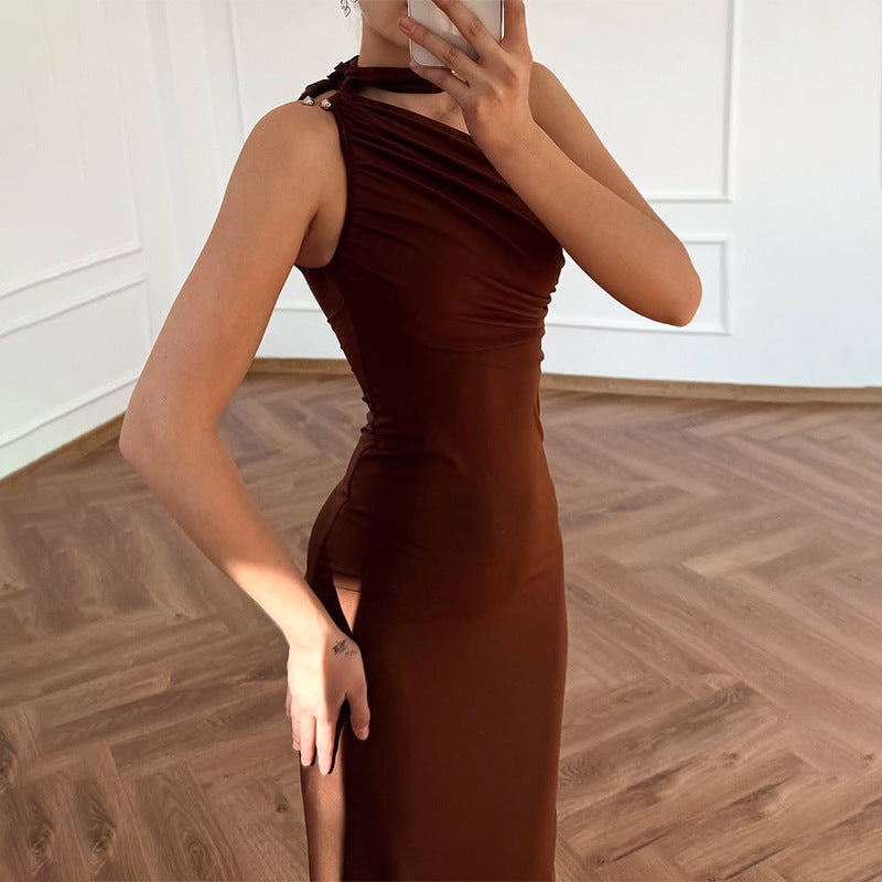 Alisora Kahverengi Tek Omuz  Elbise
