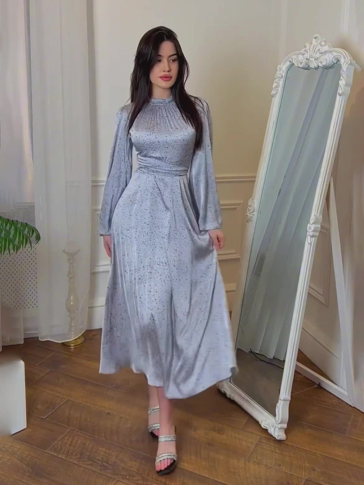 Alisora Sim Detaylı Uzun Elbise – Buz Mavisi 💙 & Karamel Kahve 🤎