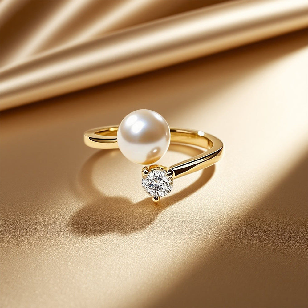 S925 Ayar İnci  Moissanite Taşlı Ayarlanabilir Yüzük