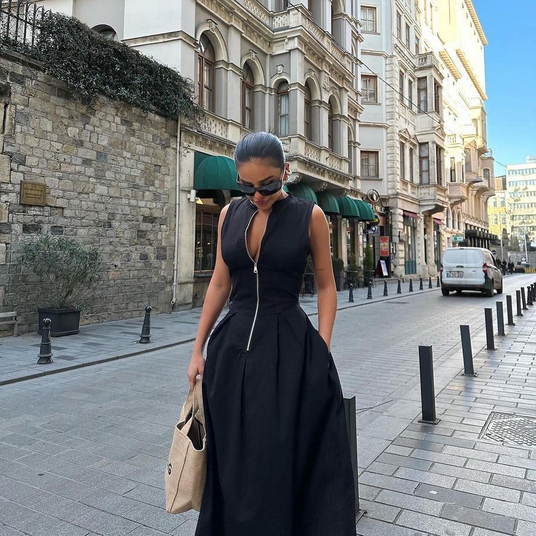 Alisora Fermuarlı Keten Maxi Elbise