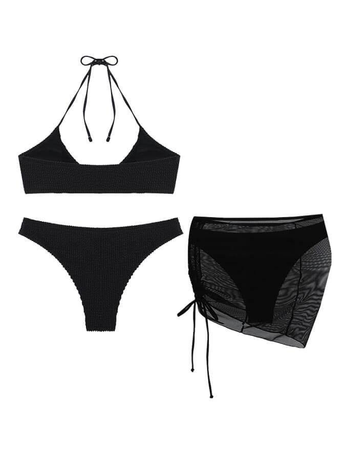 Düz Renk Seksi Halter Yaka Üç Parçalı Mayo Bikini