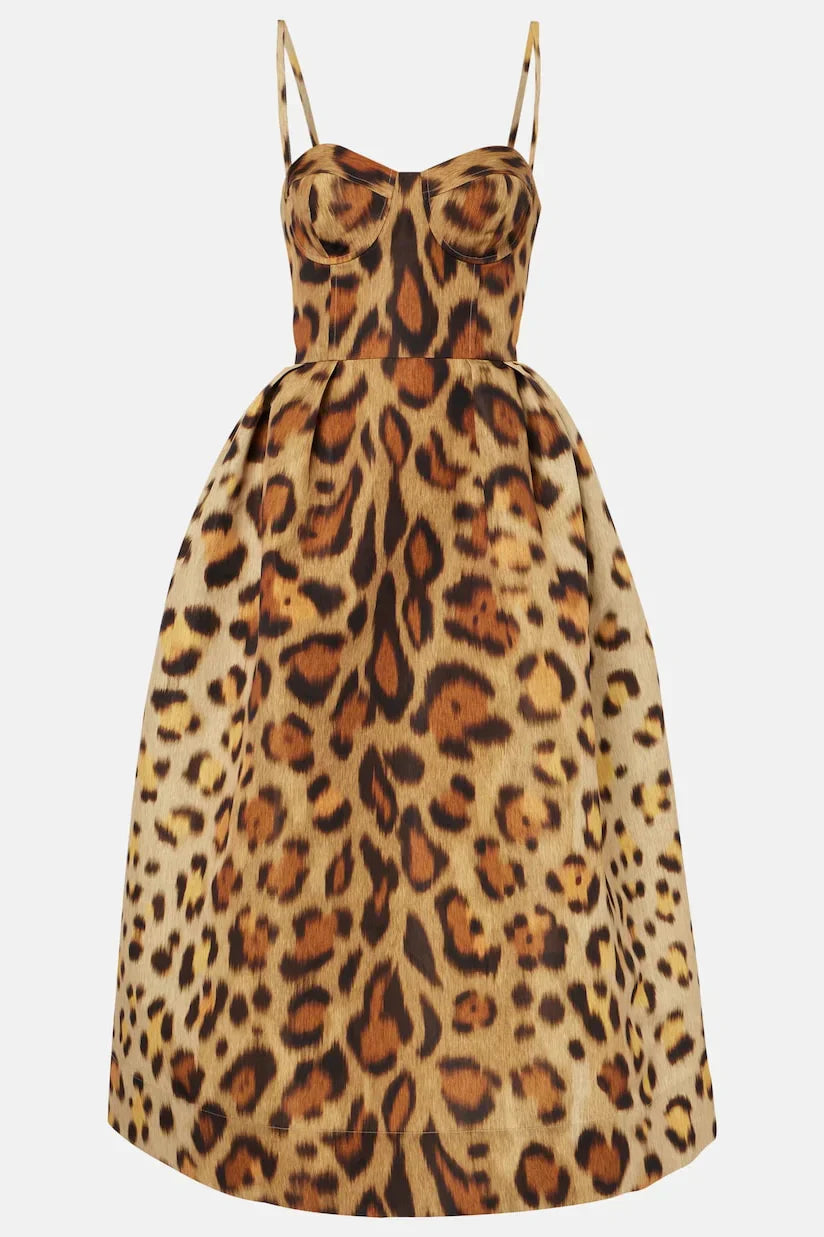 Leopar Desenli Büstiyer Midi Elbise