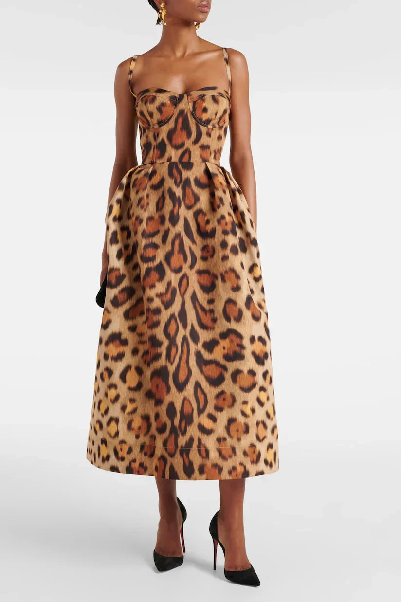 Leopar Desenli Büstiyer Midi Elbise
