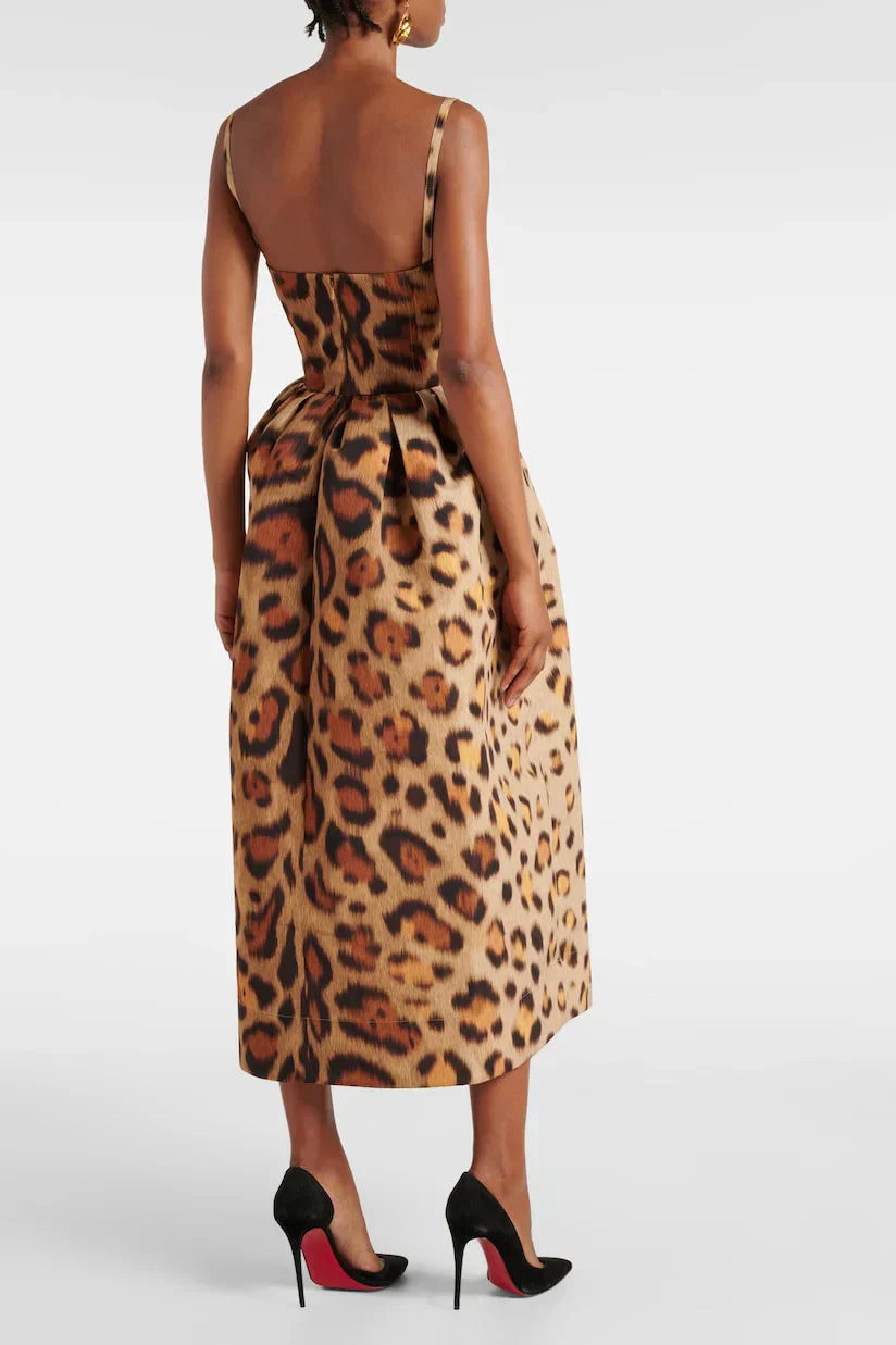 Leopar Desenli Büstiyer Midi Elbise