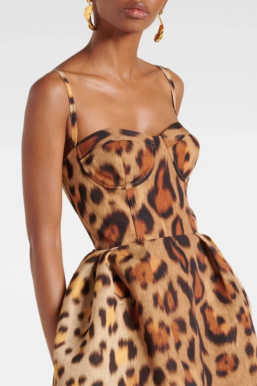Leopar Desenli Büstiyer Midi Elbise