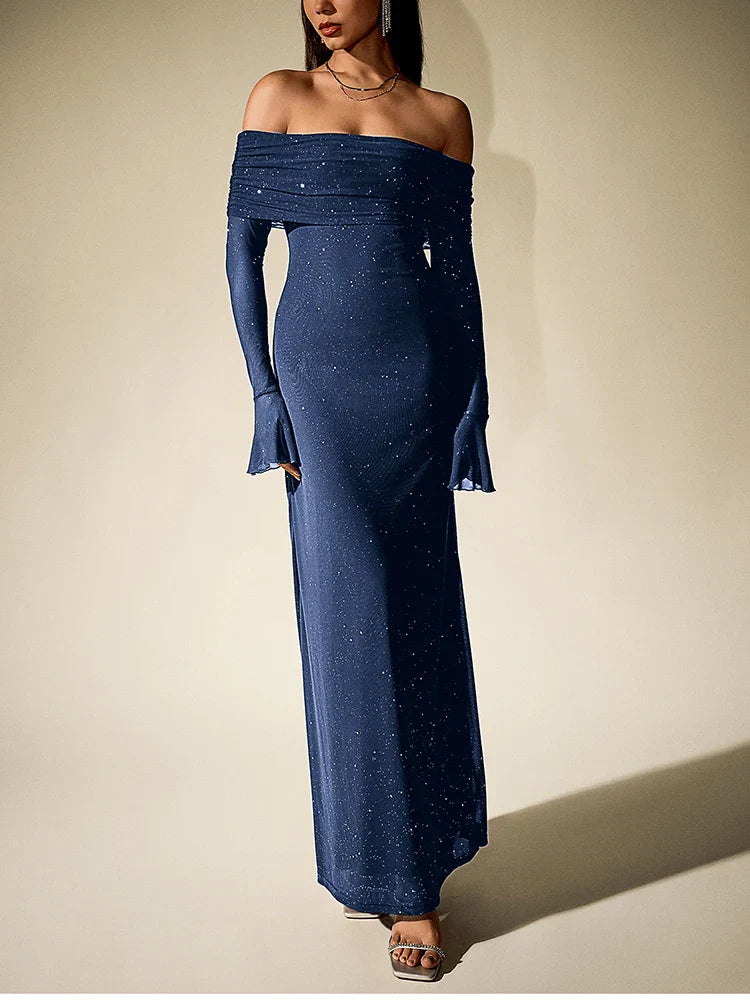 İndi Omuzları Açık Işıltılı Elbise