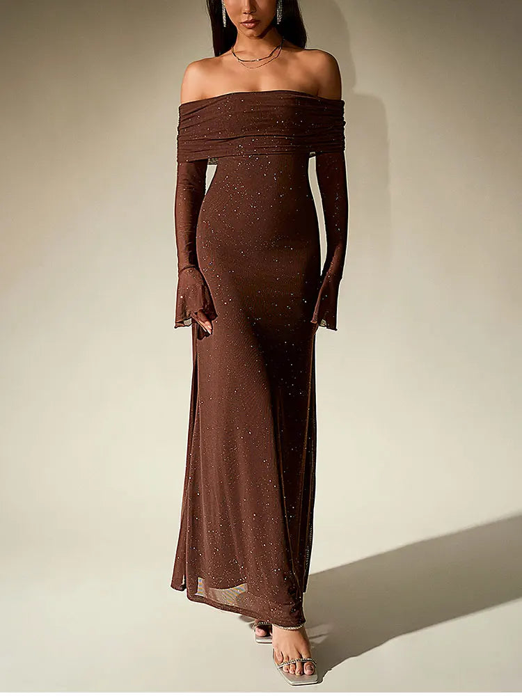 İndi Omuzları Açık Işıltılı Elbise