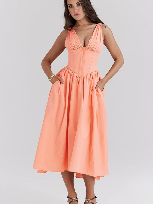 Ariana V Yaka Korseli Flare Midi Elbise