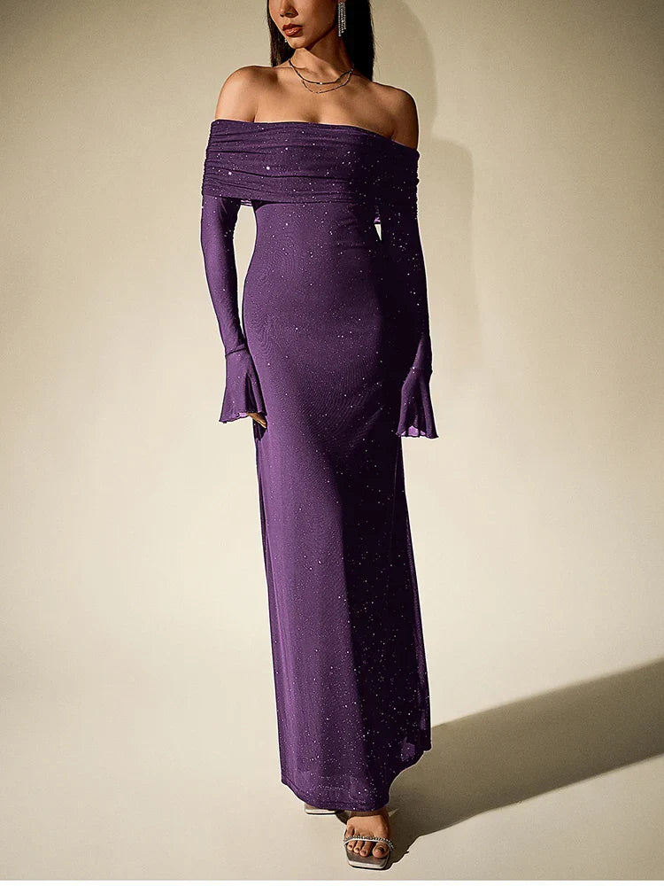 İndi Omuzları Açık Işıltılı Elbise