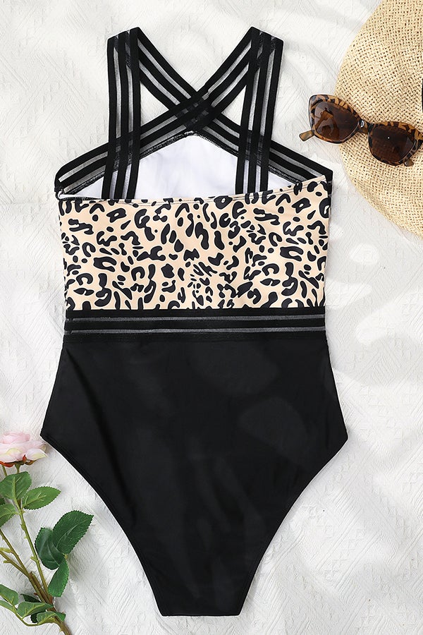 Halter Leopar Desenli Dikişli Dosya Tek Parça Mayo