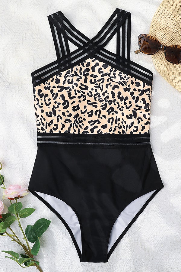 Halter Leopar Desenli Dikişli Dosya Tek Parça Mayo