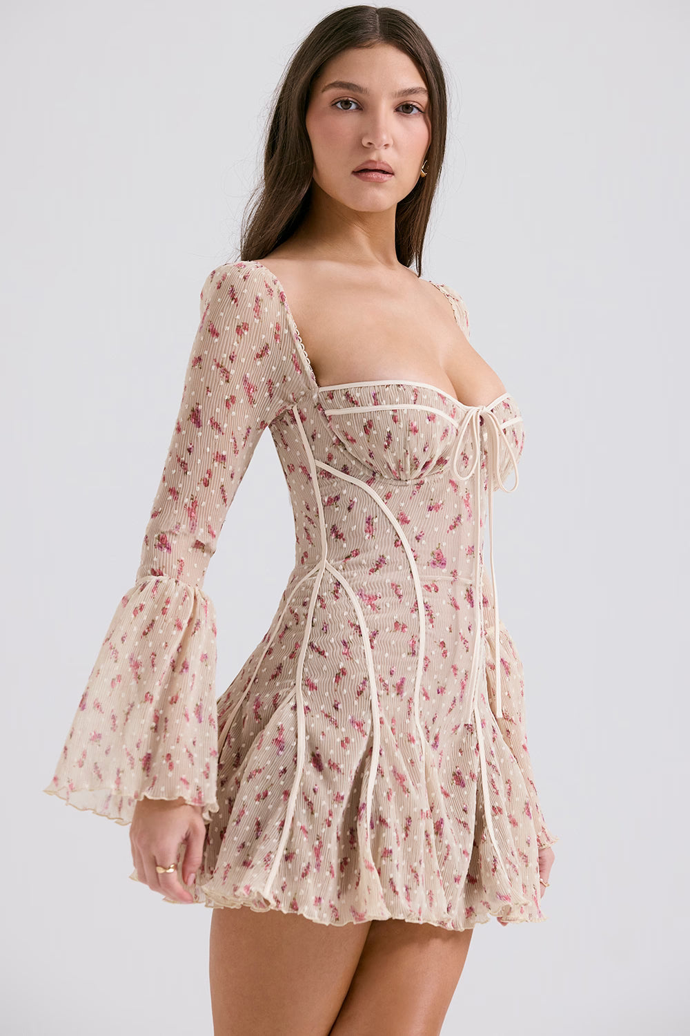 Analissa Vintage Krem Gül Desenli Korse Mini Elbise