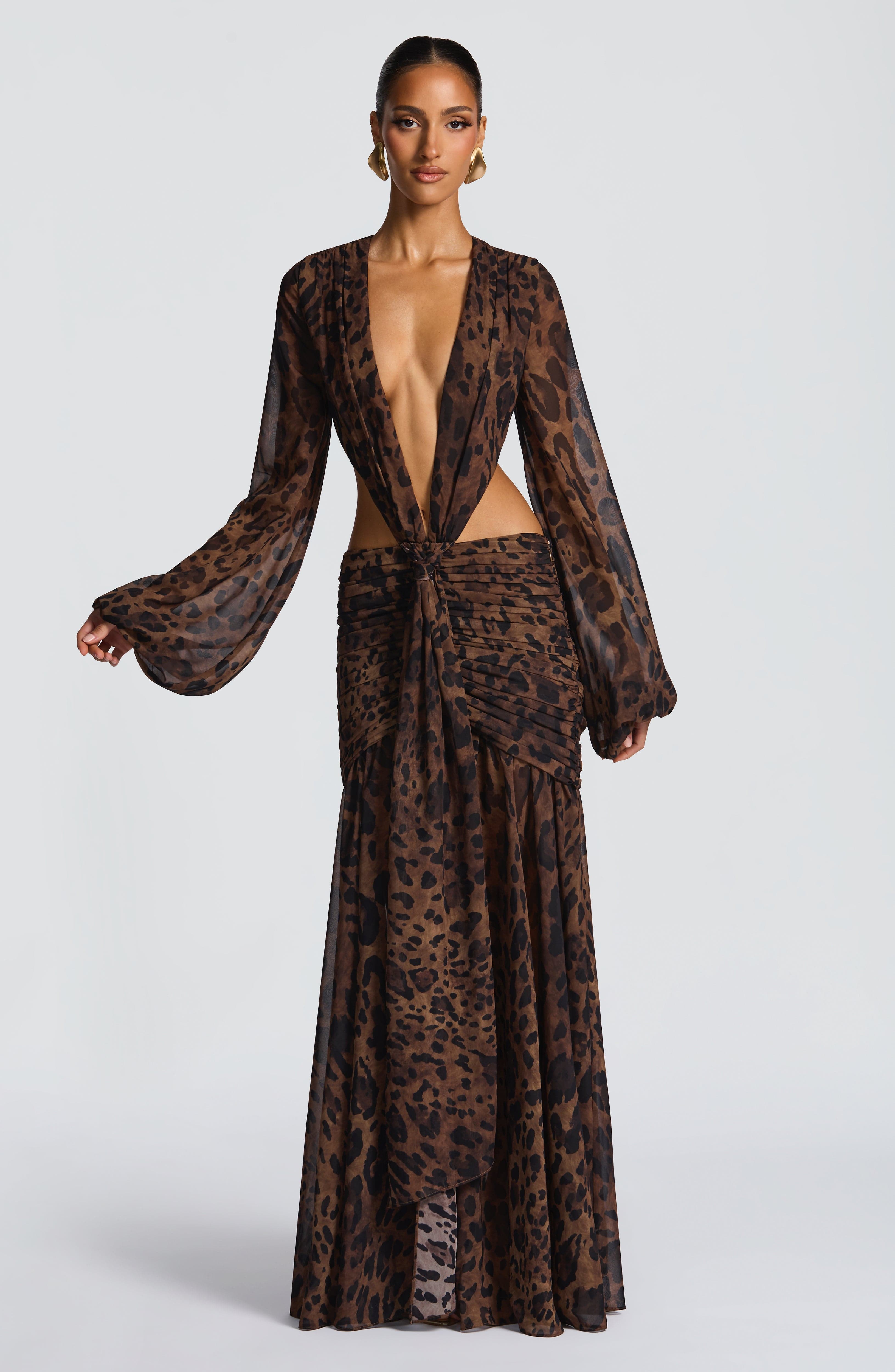 Leopar Desenli Cut-Out Maxi Elbise