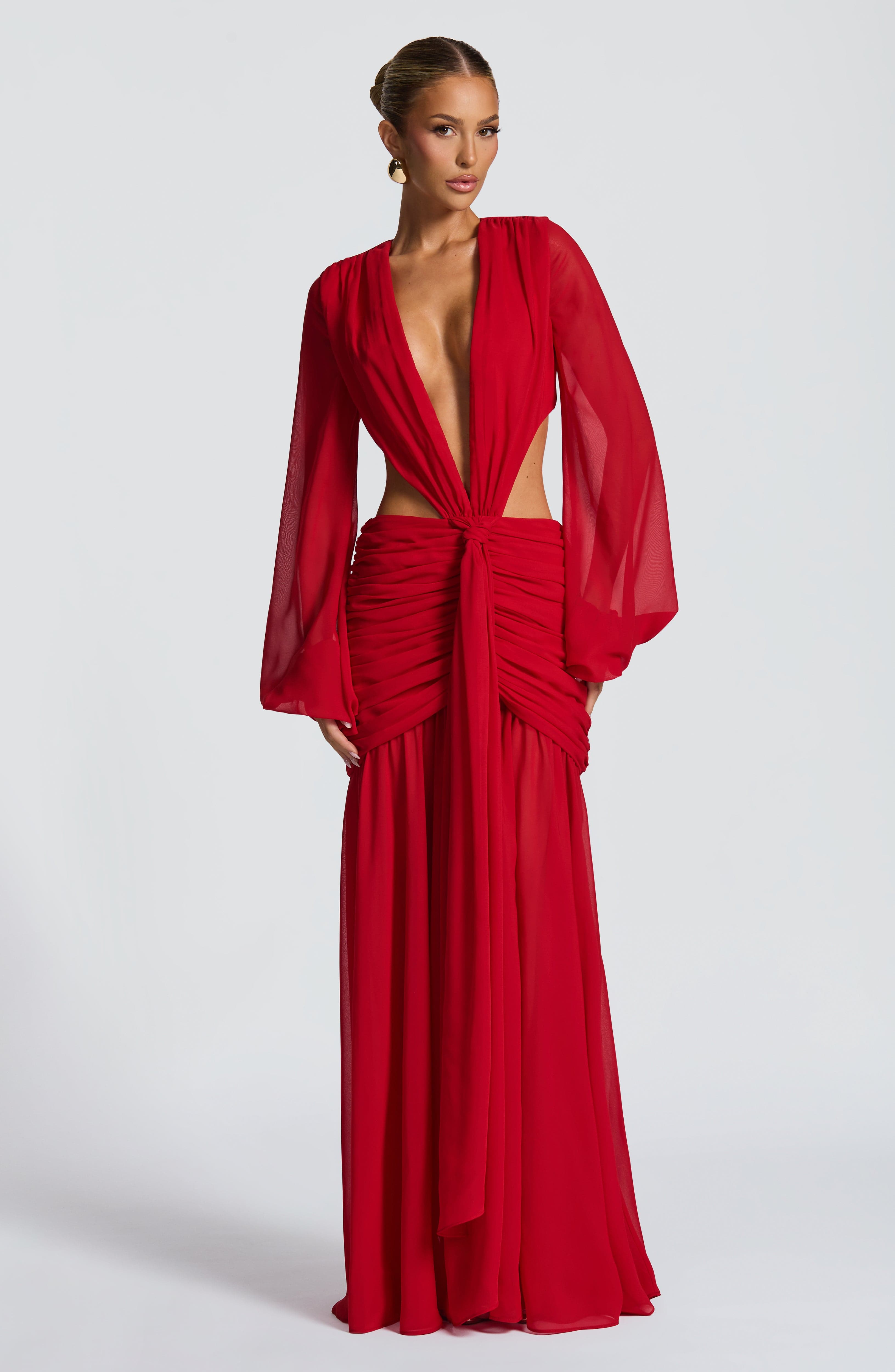 Kırmızı Transparan Cut-Out Maxi Elbise