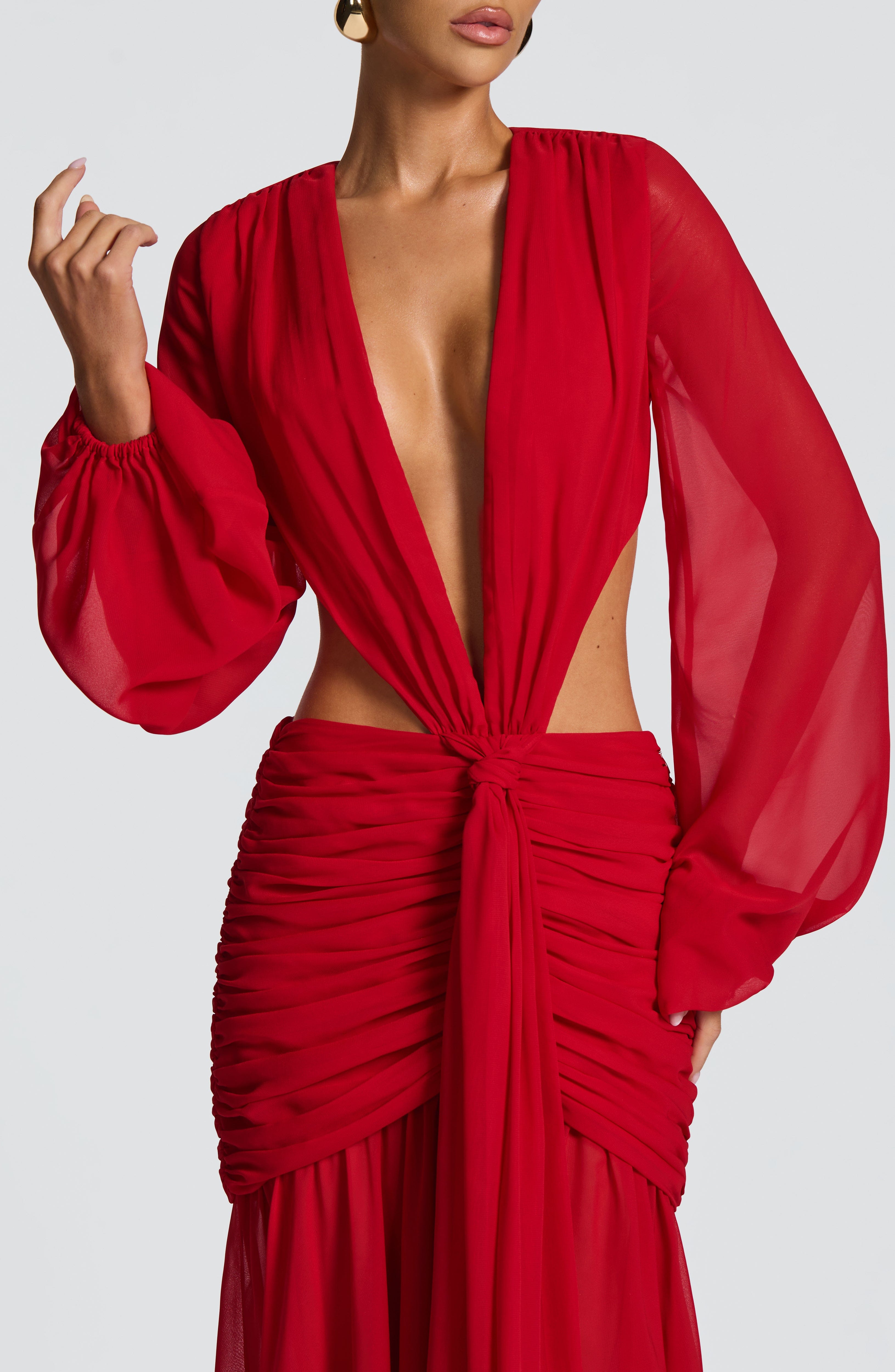 Kırmızı Transparan Cut-Out Maxi Elbise