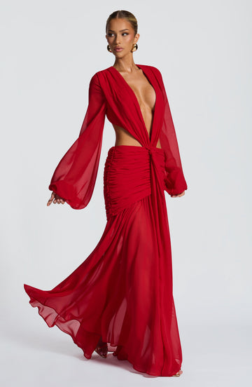 Kırmızı Transparan Cut-Out Maxi Elbise