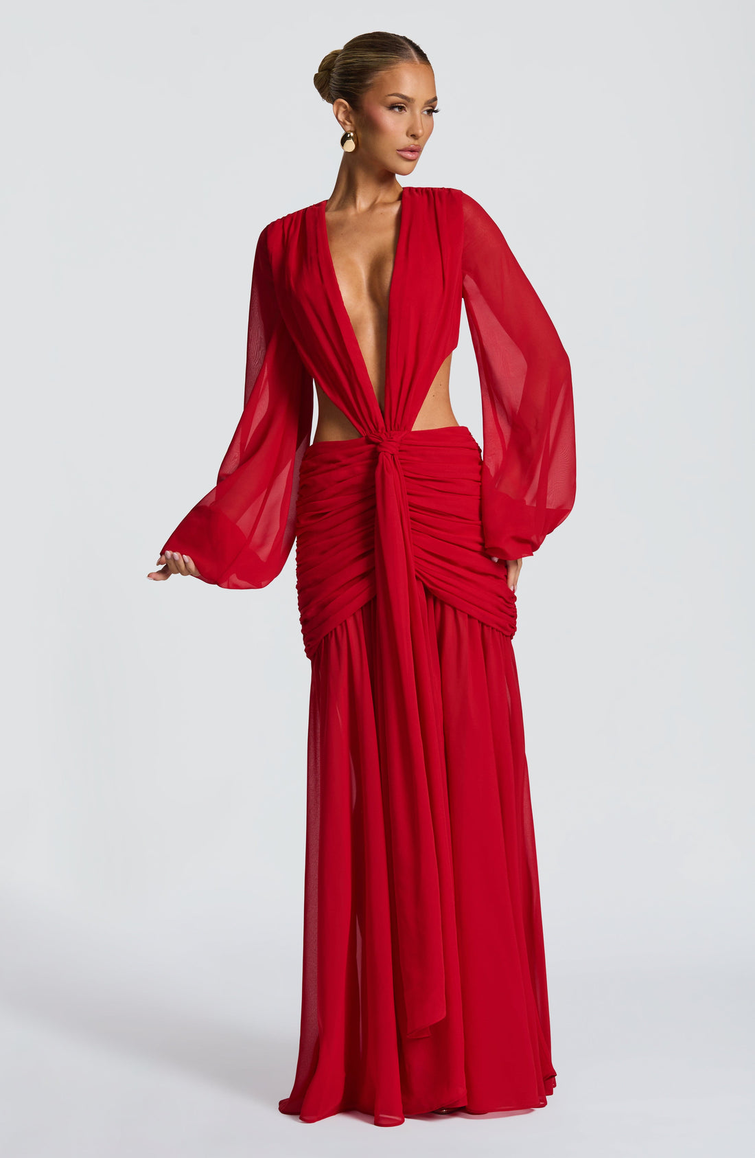 Kırmızı Transparan Cut-Out Maxi Elbise