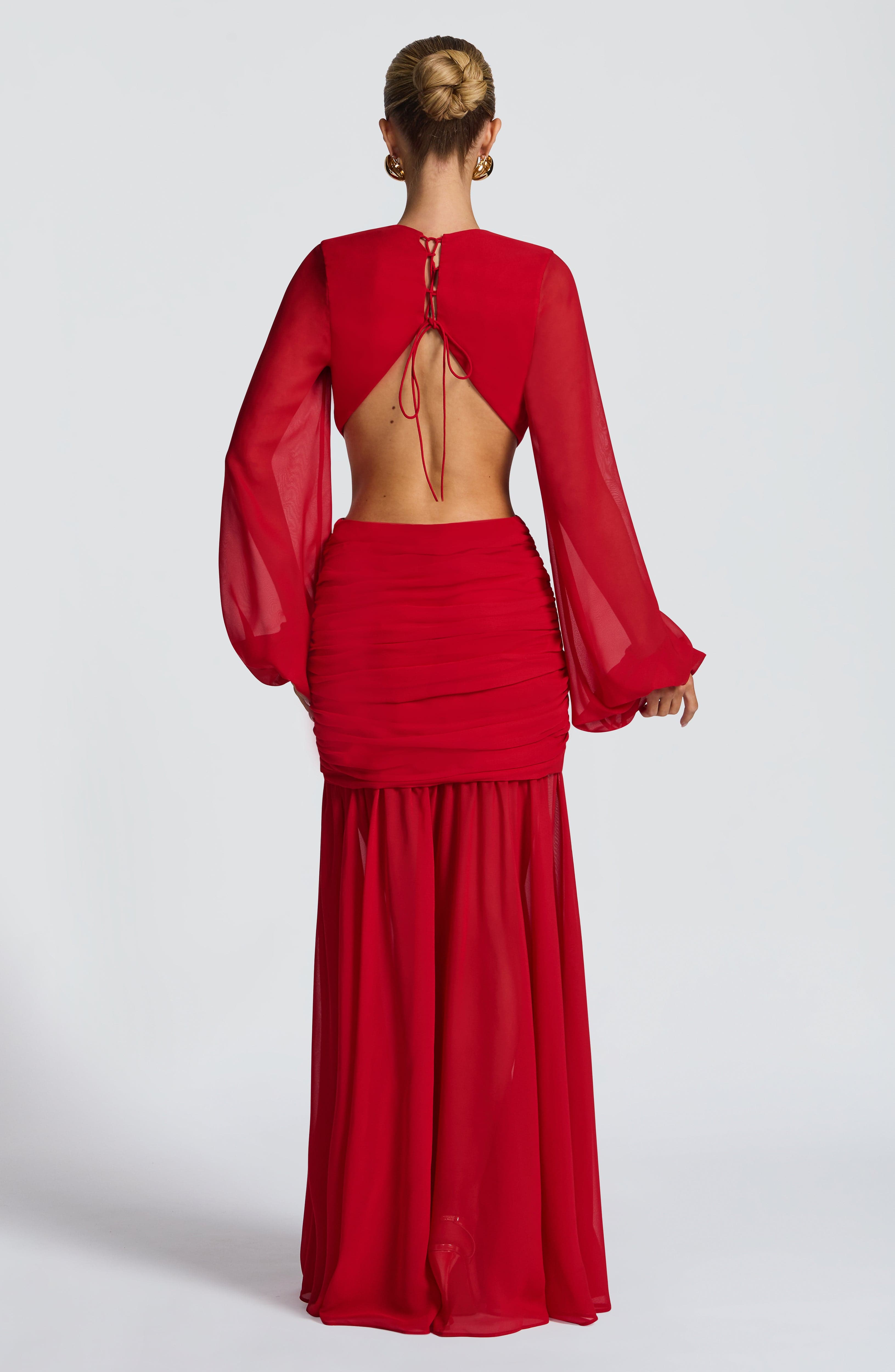Kırmızı Transparan Cut-Out Maxi Elbise