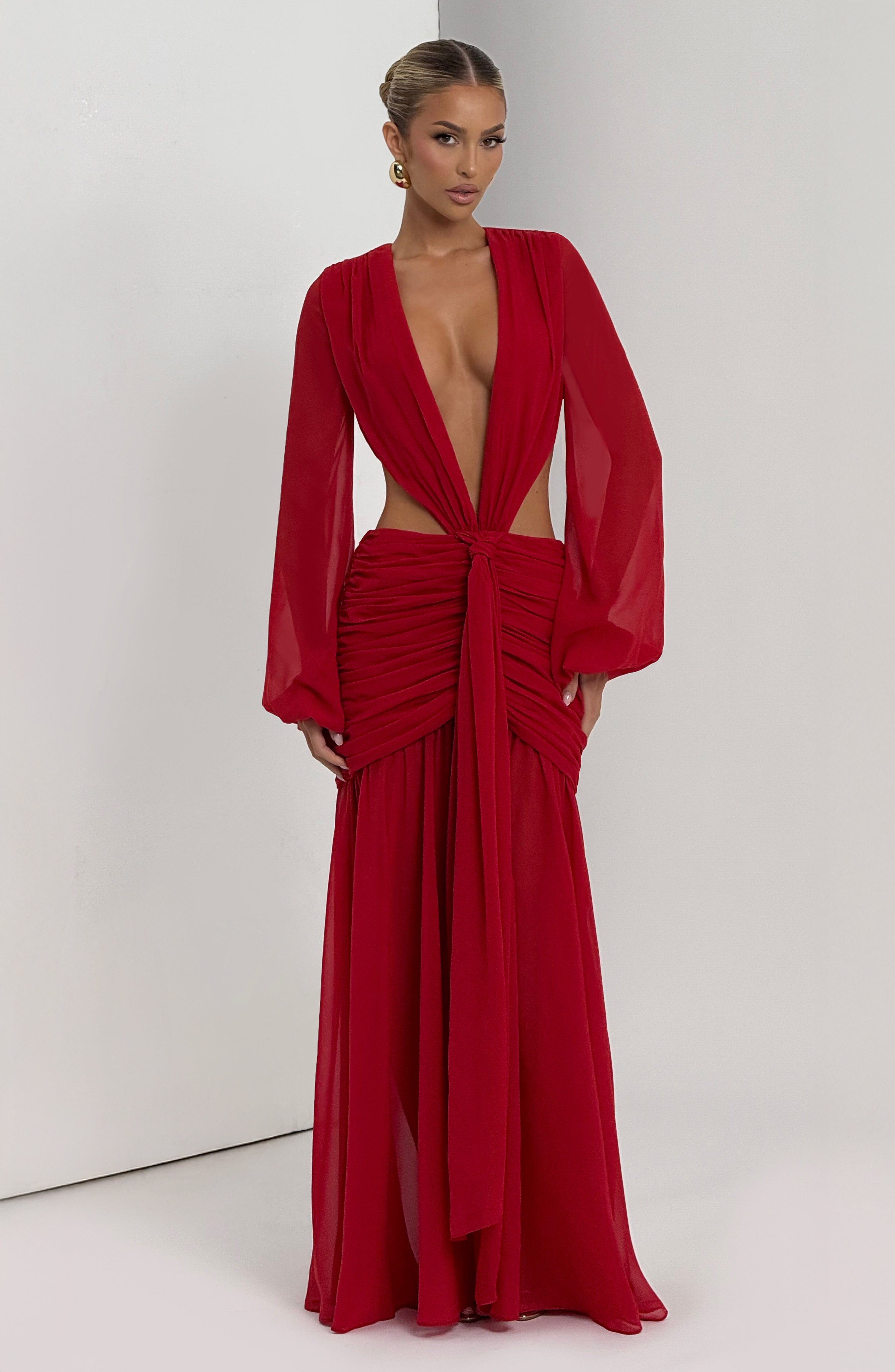 Kırmızı Transparan Cut-Out Maxi Elbise