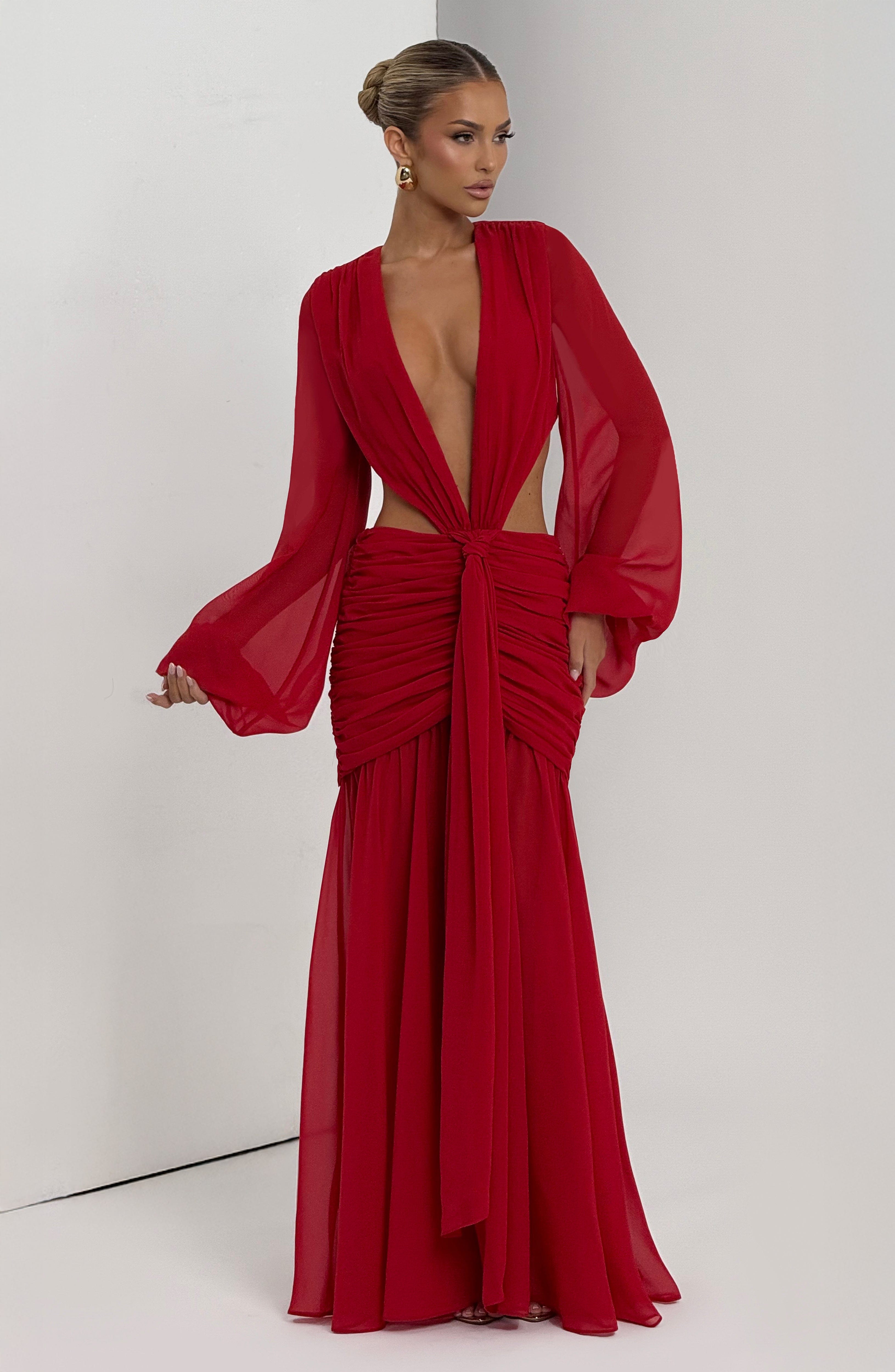 Kırmızı Transparan Cut-Out Maxi Elbise