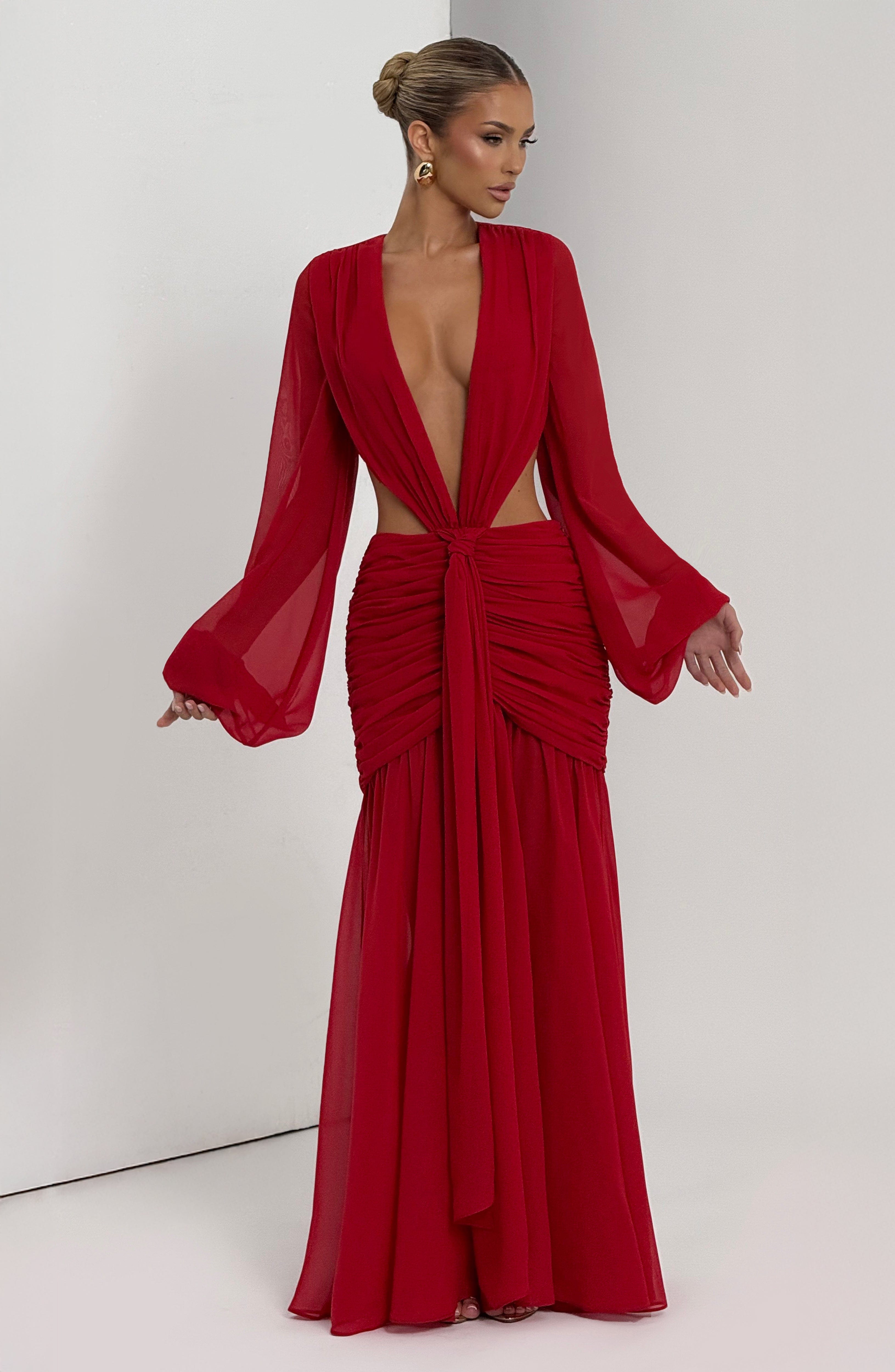 Kırmızı Transparan Cut-Out Maxi Elbise