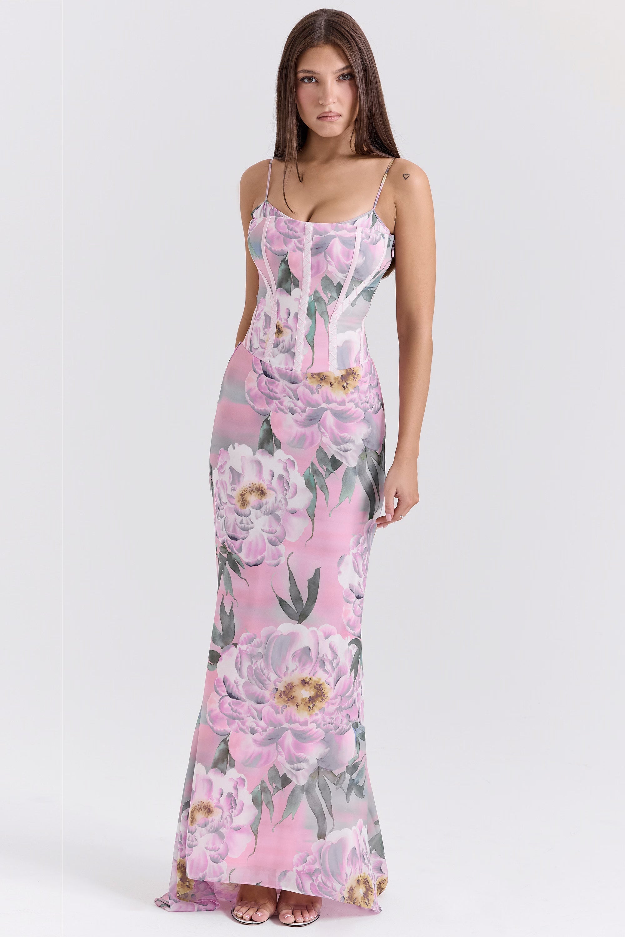 Pembe Çiçek Desenli Korse Maxi Elbise