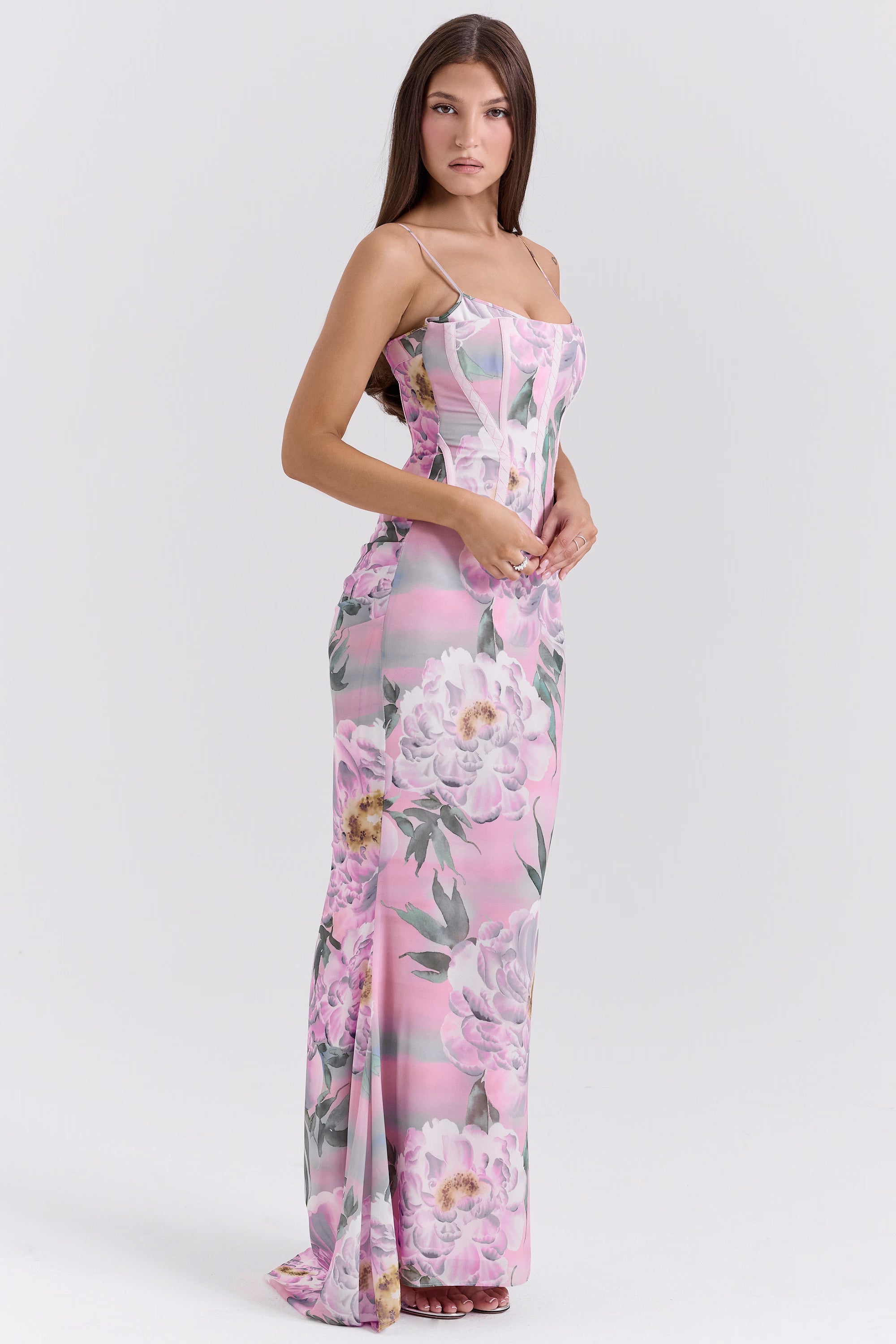 Pembe Çiçek Desenli Korse Maxi Elbise