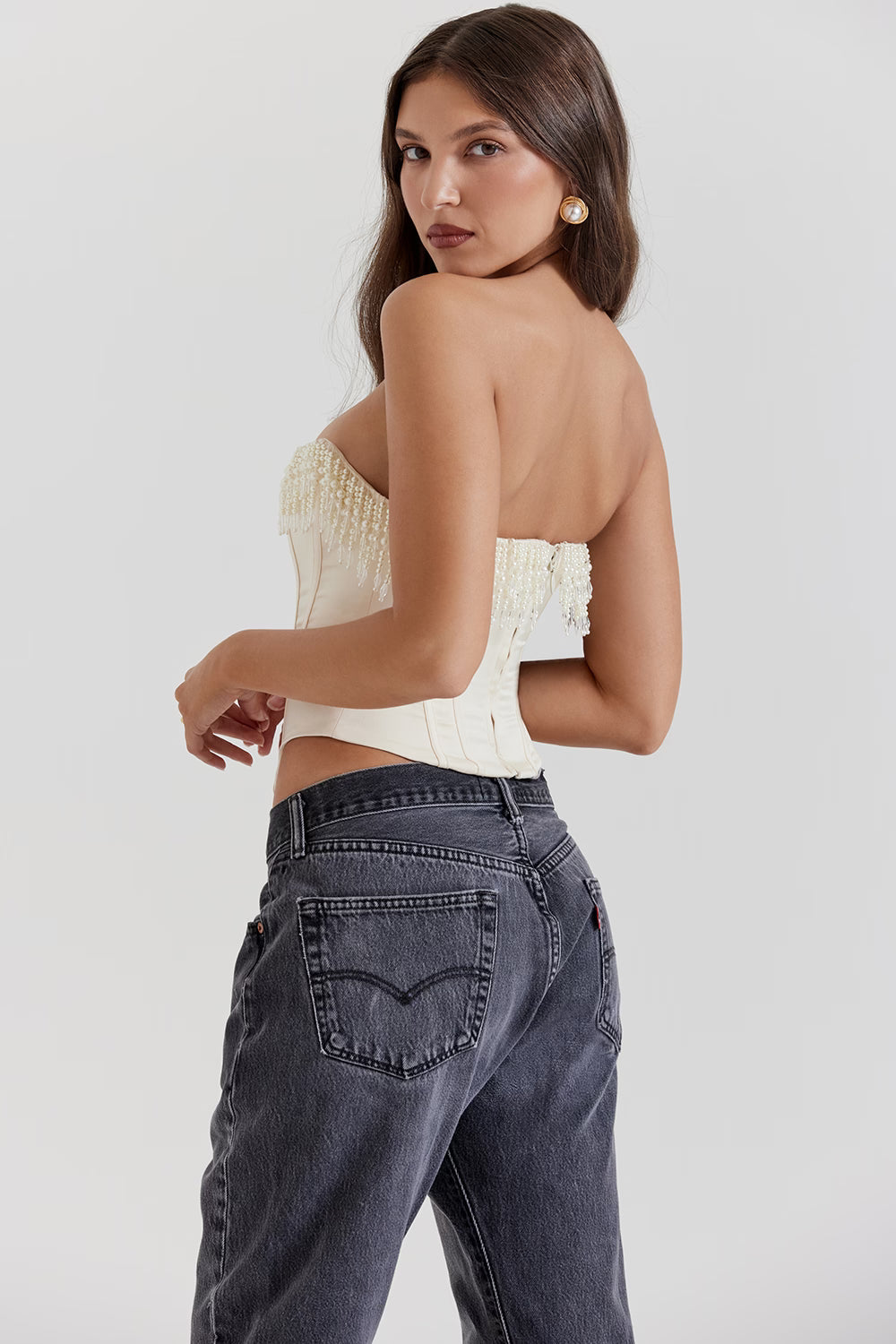 Aubrie Vİntage Krem Süslemeli Saten Korse