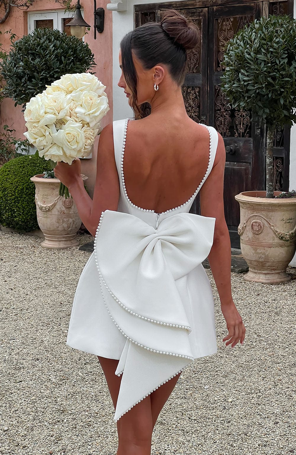 white dress with bow Athens Flared Bow Mini Dress White