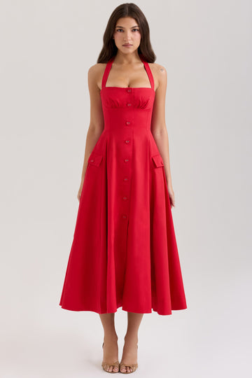 Çiçek Desenli Esnek Pamuk Halter Midi Elbise