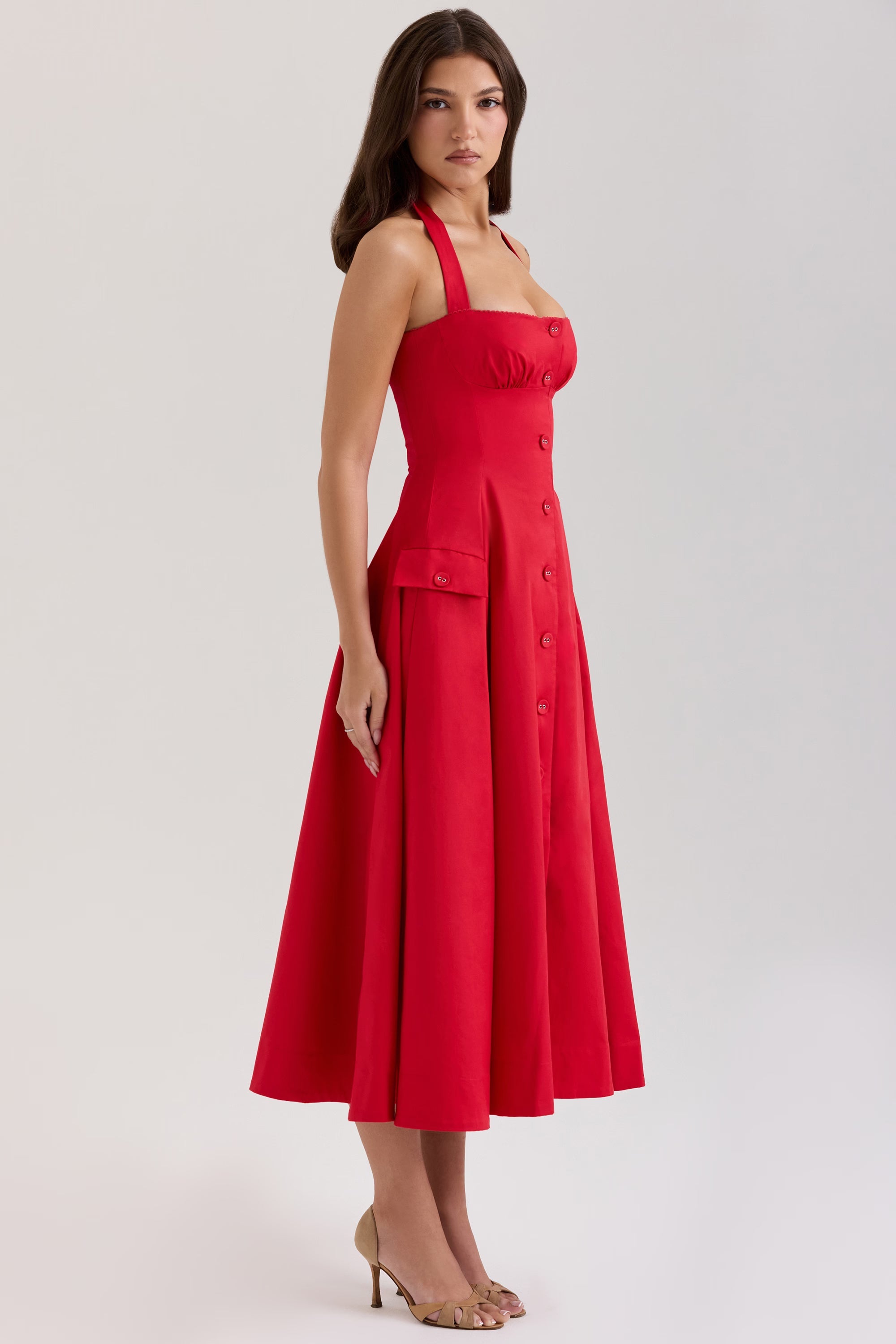Çiçek Desenli Esnek Pamuk Halter Midi Elbise