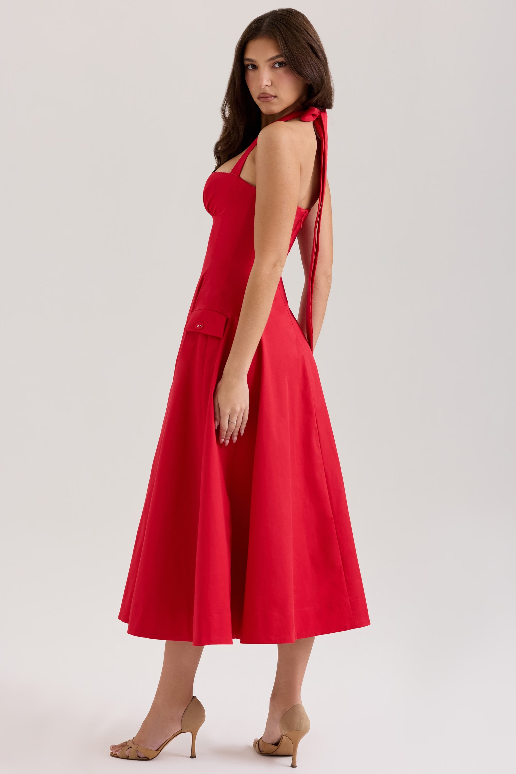 Çiçek Desenli Esnek Pamuk Halter Midi Elbise
