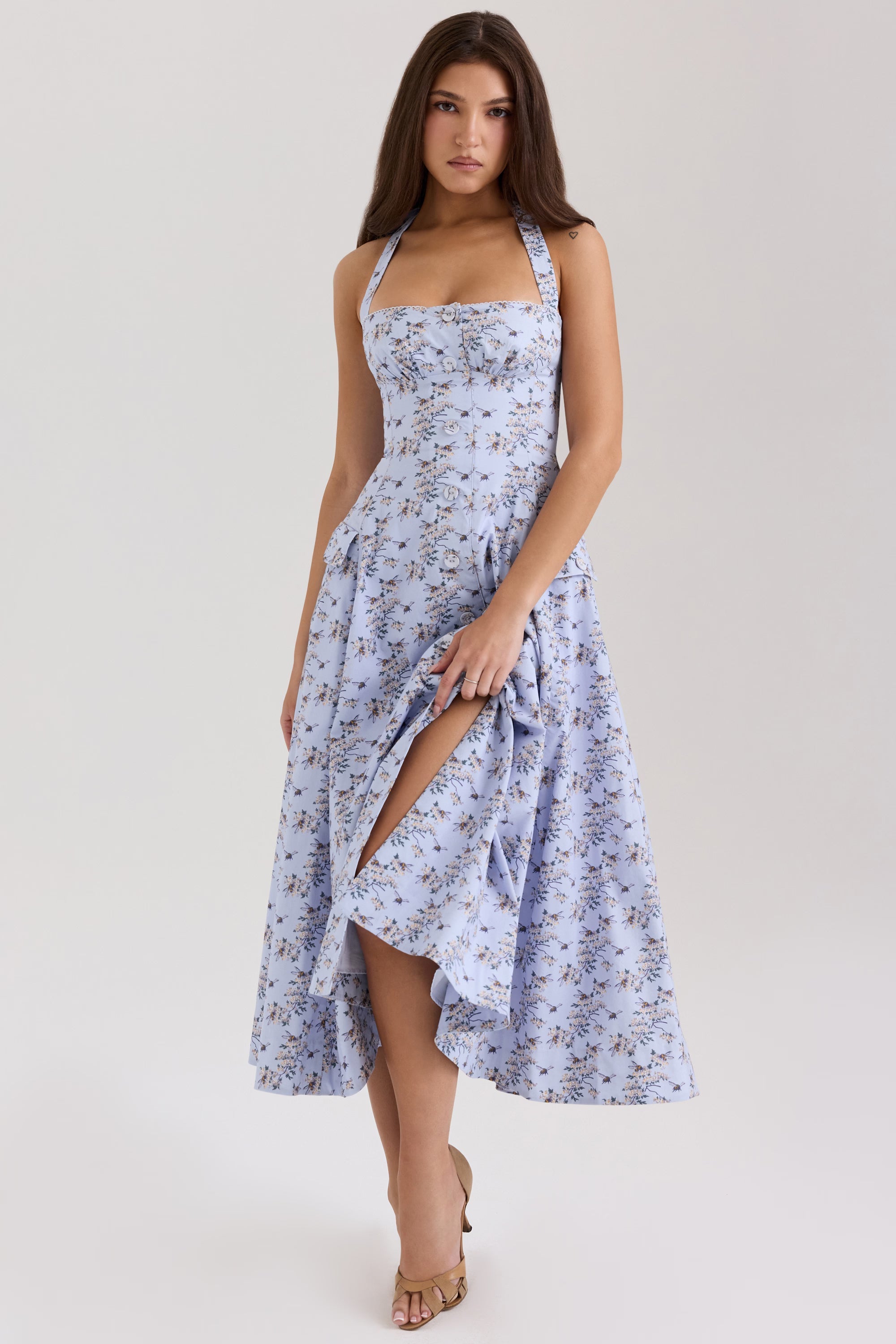 Çiçek Desenli Esnek Pamuk Halter Midi Elbise