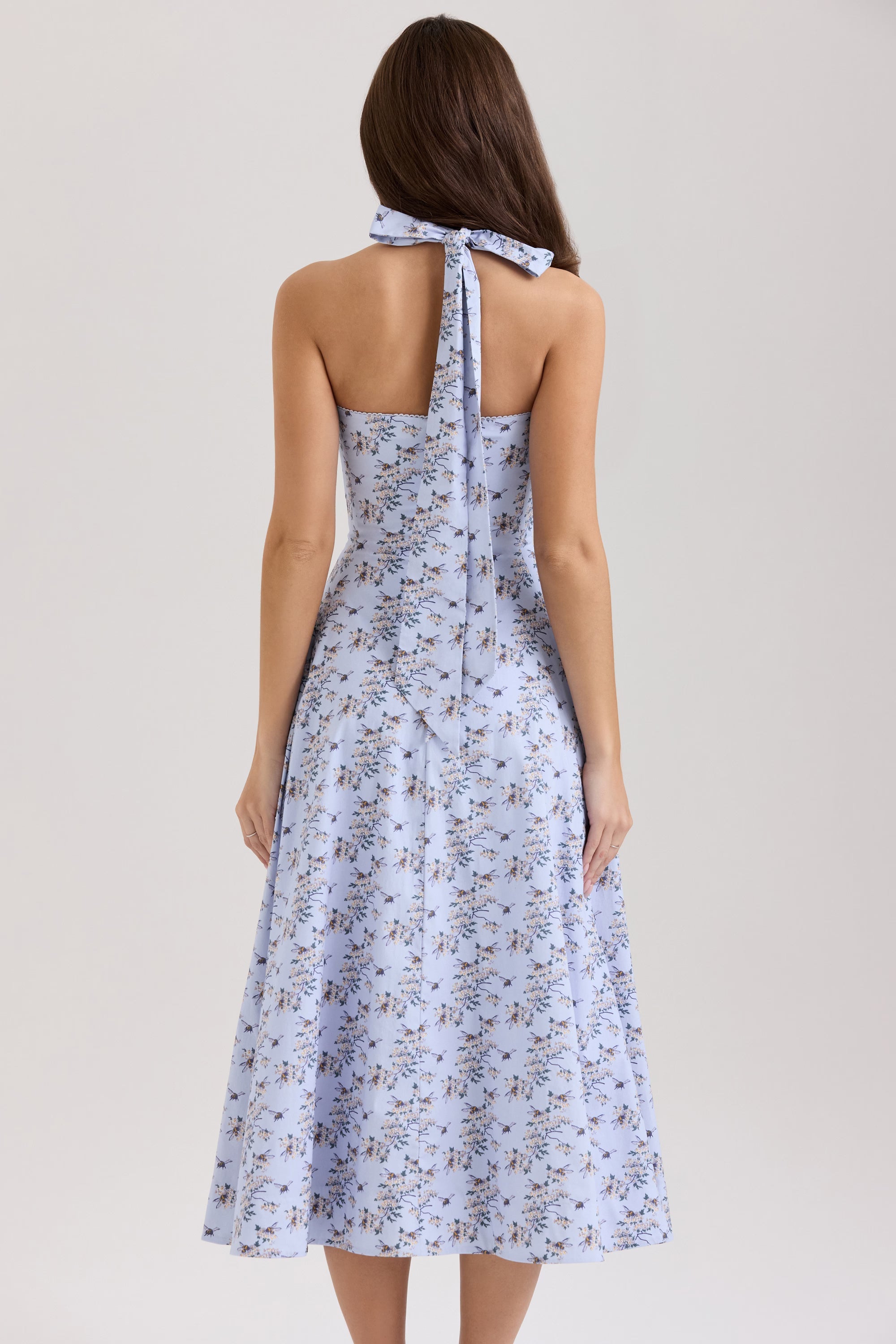 Çiçek Desenli Esnek Pamuk Halter Midi Elbise