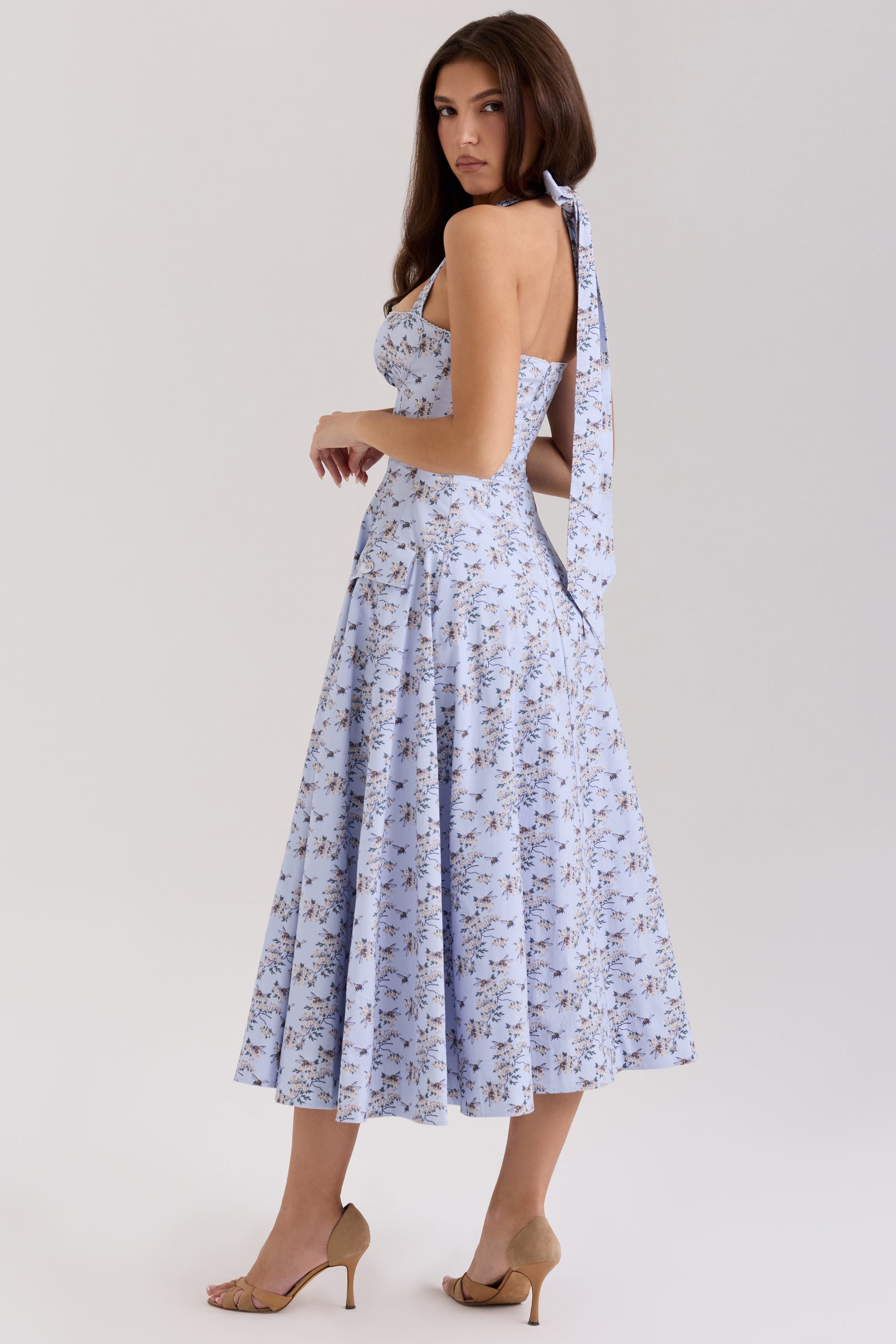 Çiçek Desenli Esnek Pamuk Halter Midi Elbise