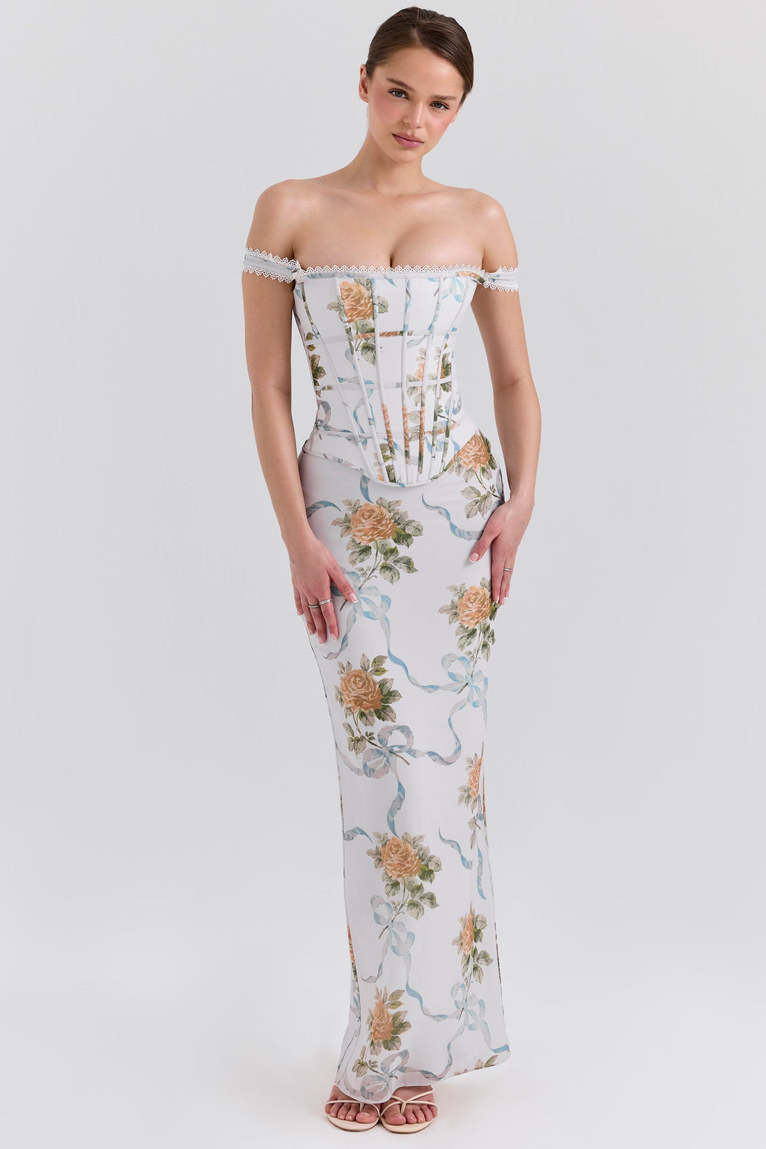 Açık Mavi Vintage Desenli Korse Maxi Elbise