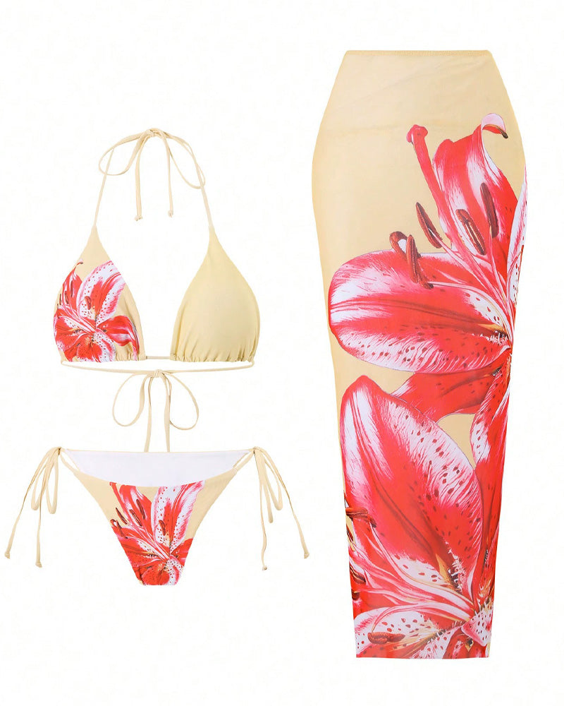 Çiçek Desenli Halter Kravat Sırtlı Bikini-Pareo