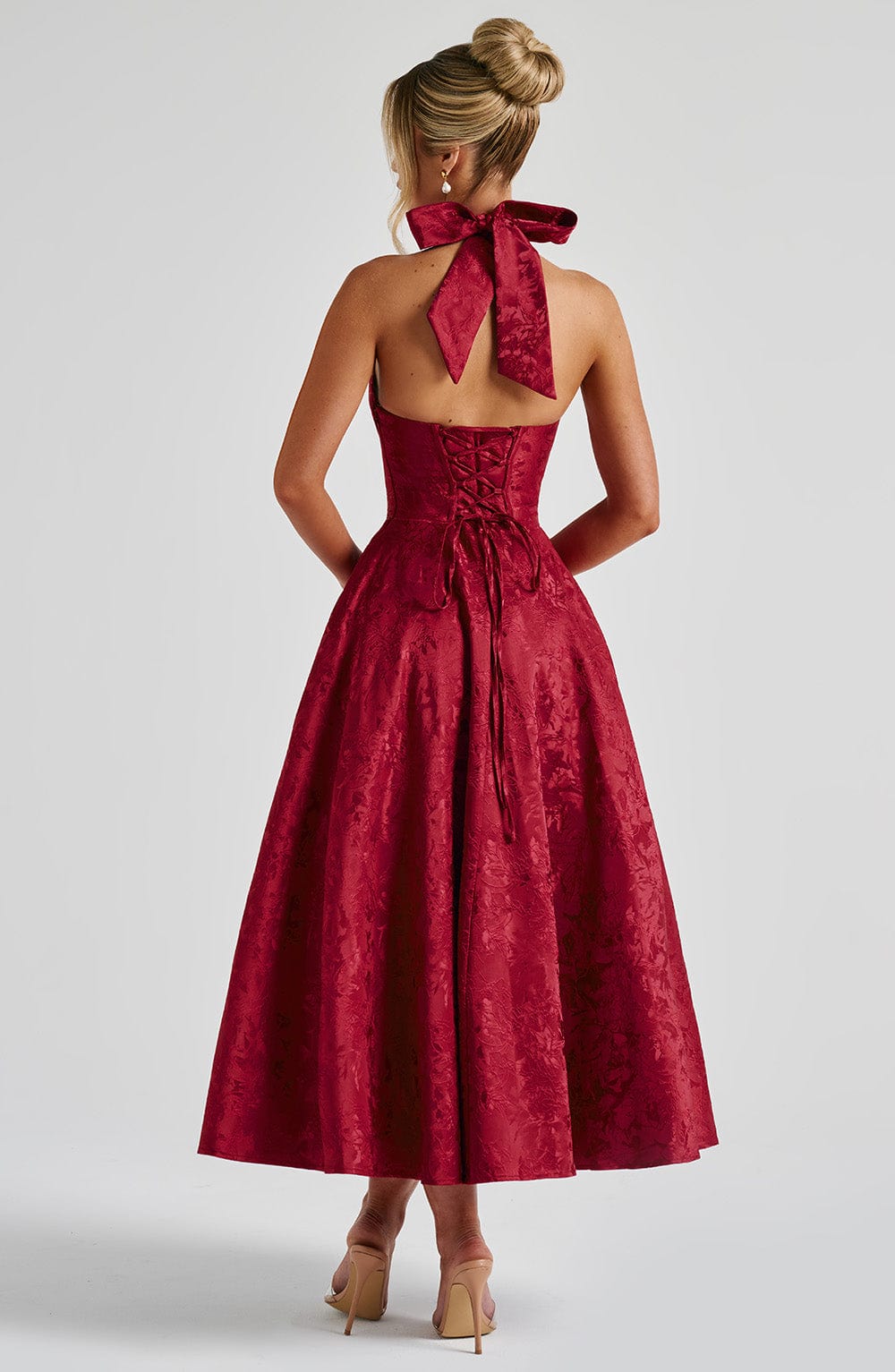 Bordo Halter Yaka Midi Elbise