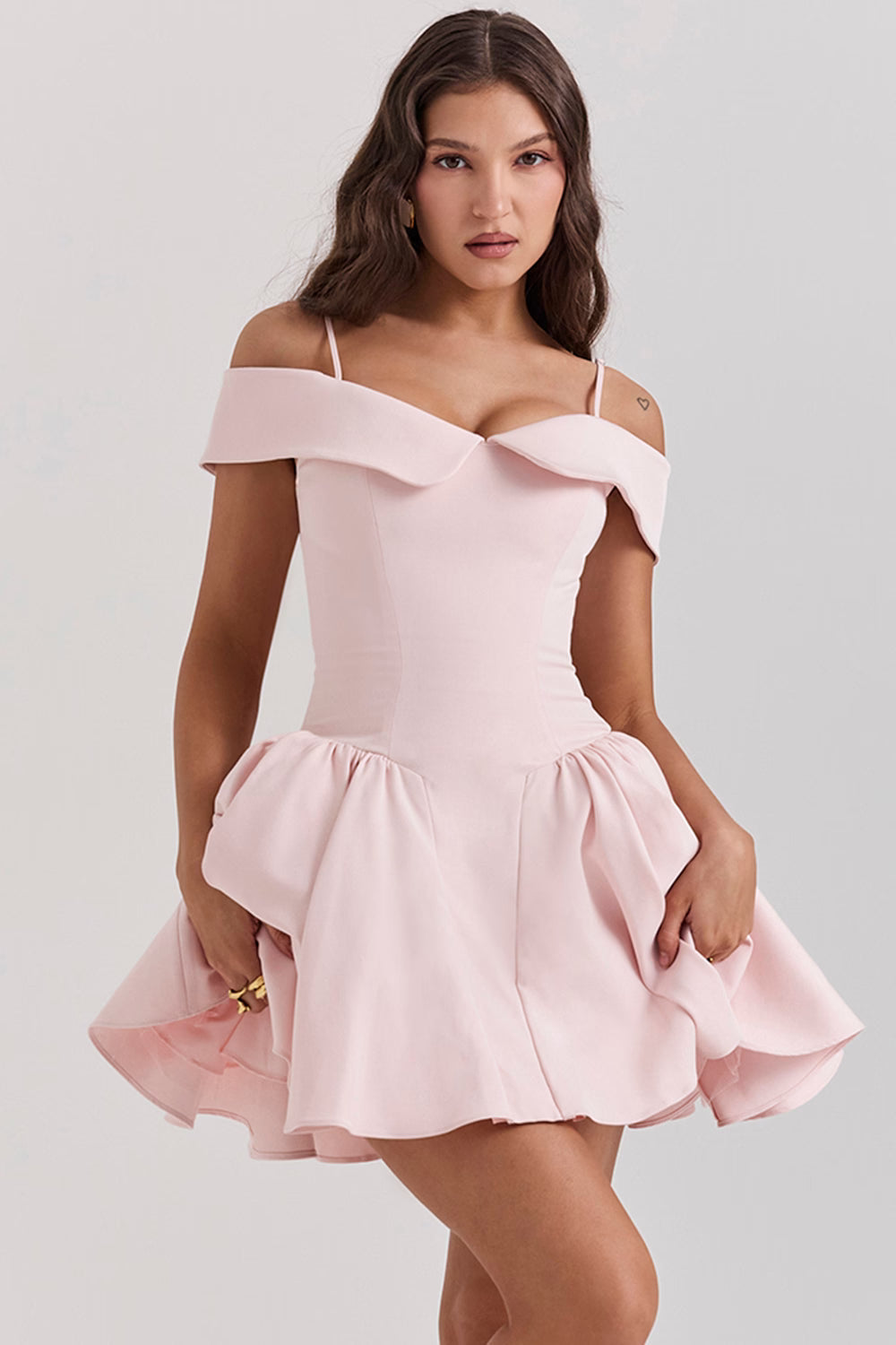 Elida Ballerina Pembe Omuz Açık Mini Elbise
