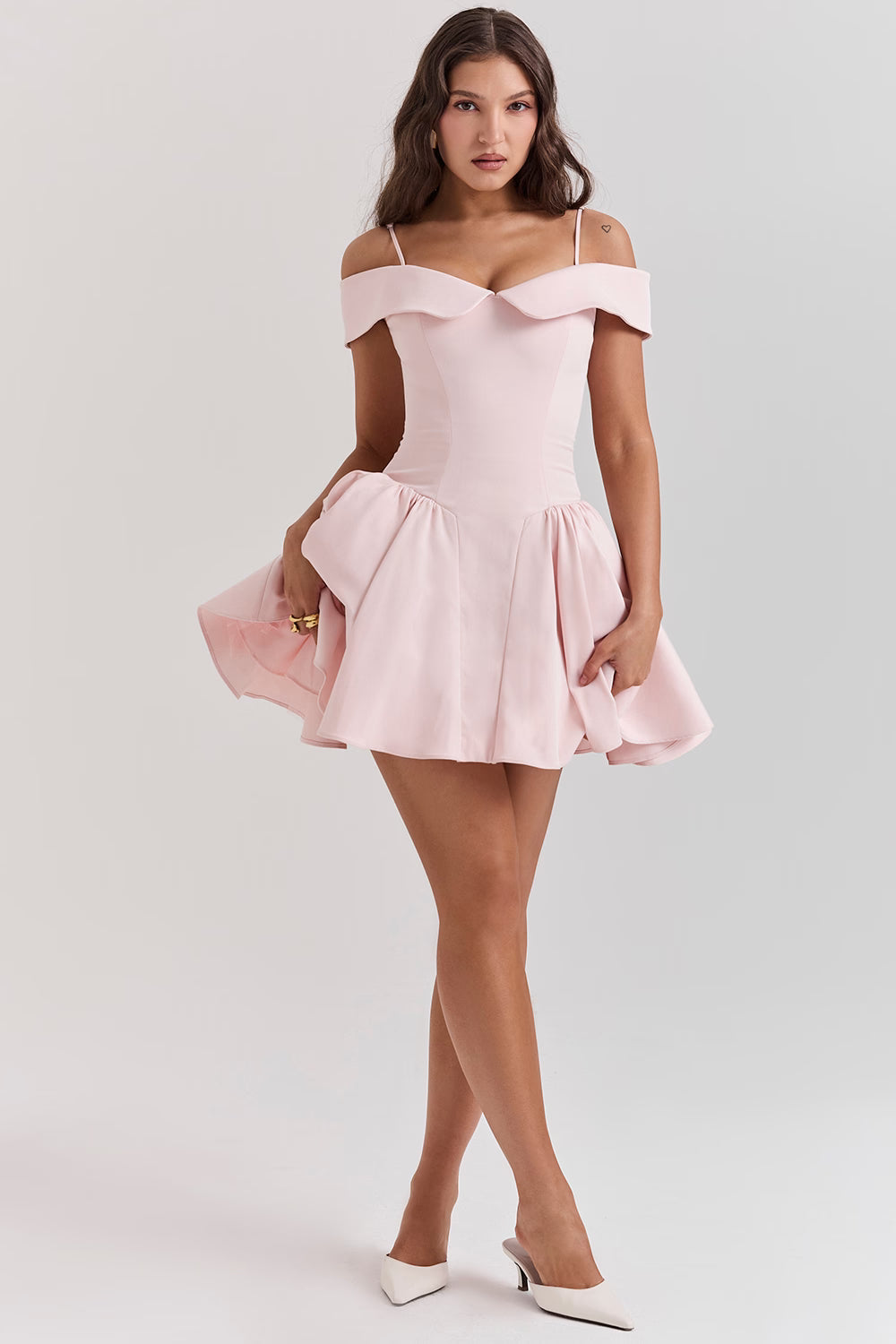 Elida Ballerina Pembe Omuz Açık Mini Elbise