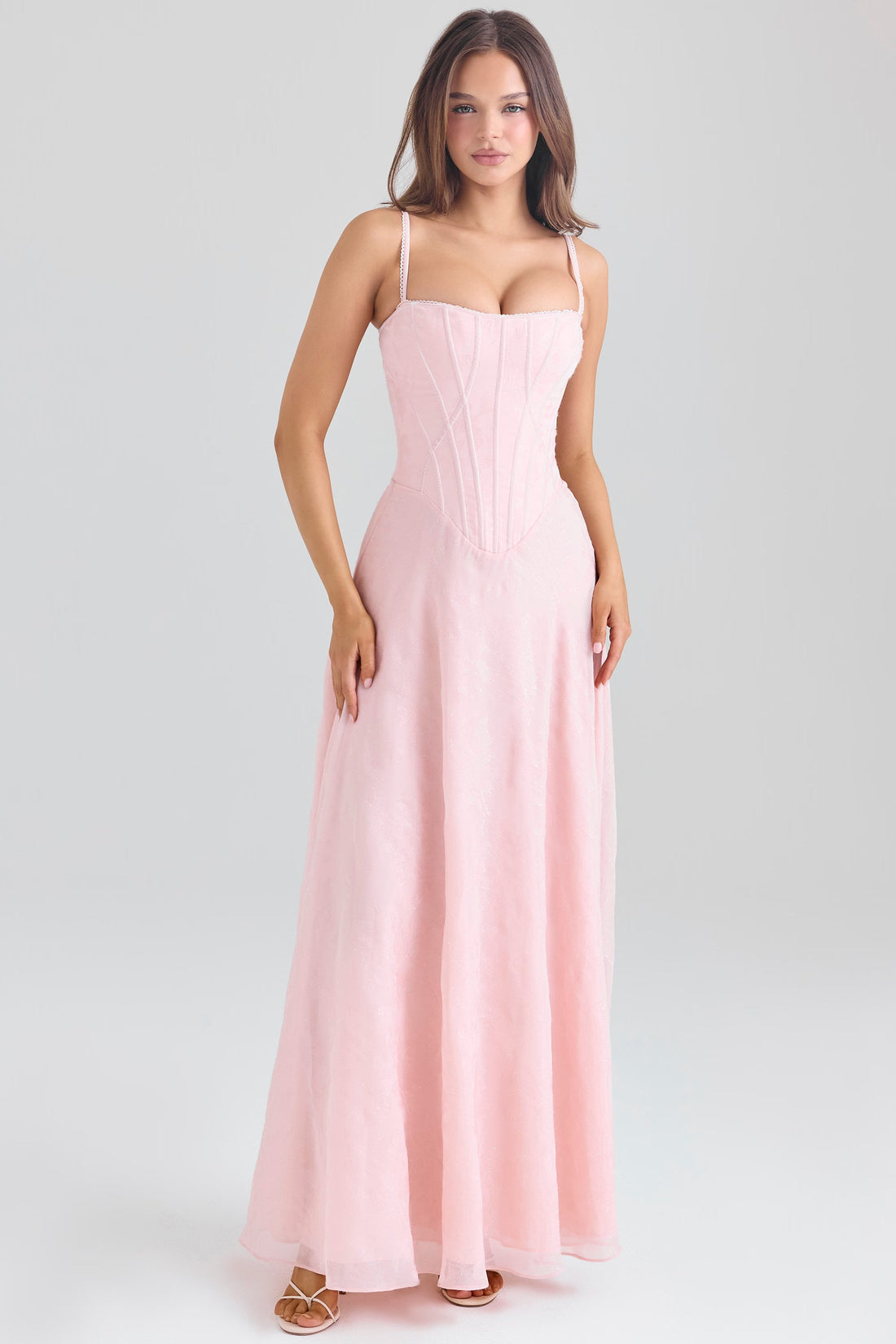Pudra Pembe Simli Şifon Maxi Elbise