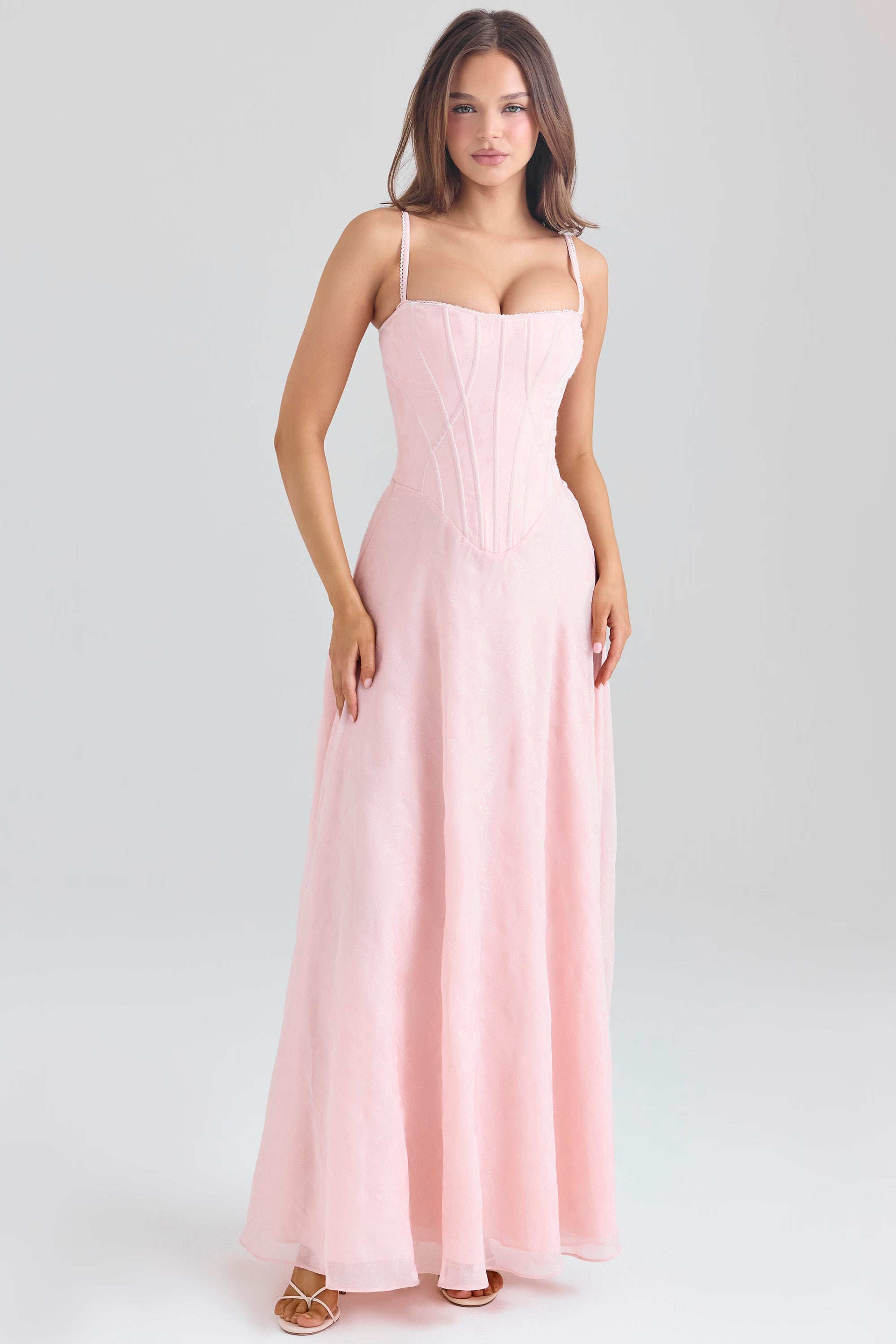 Pudra Pembe Simli Şifon Maxi Elbise
