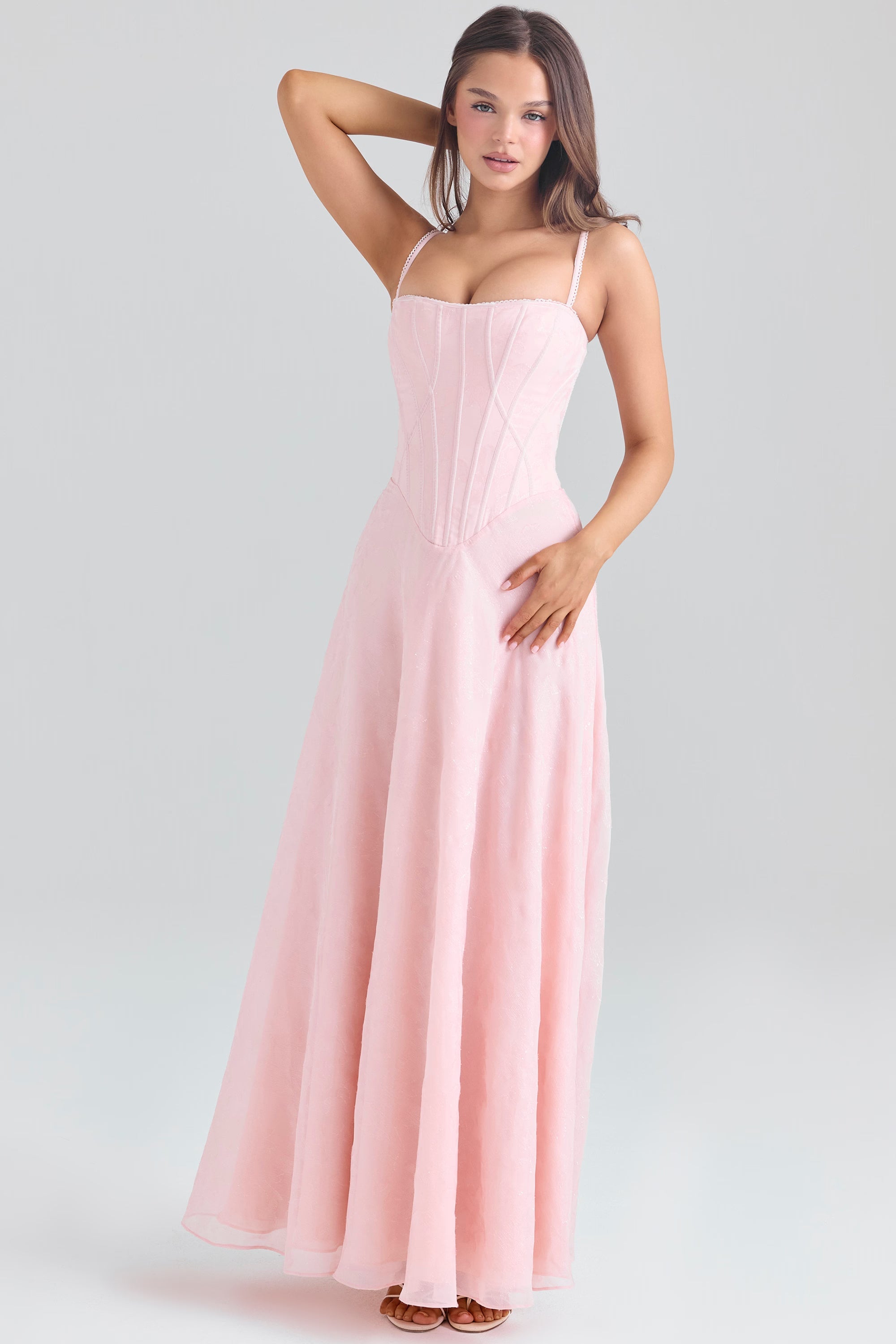 Pudra Pembe Simli Şifon Maxi Elbise