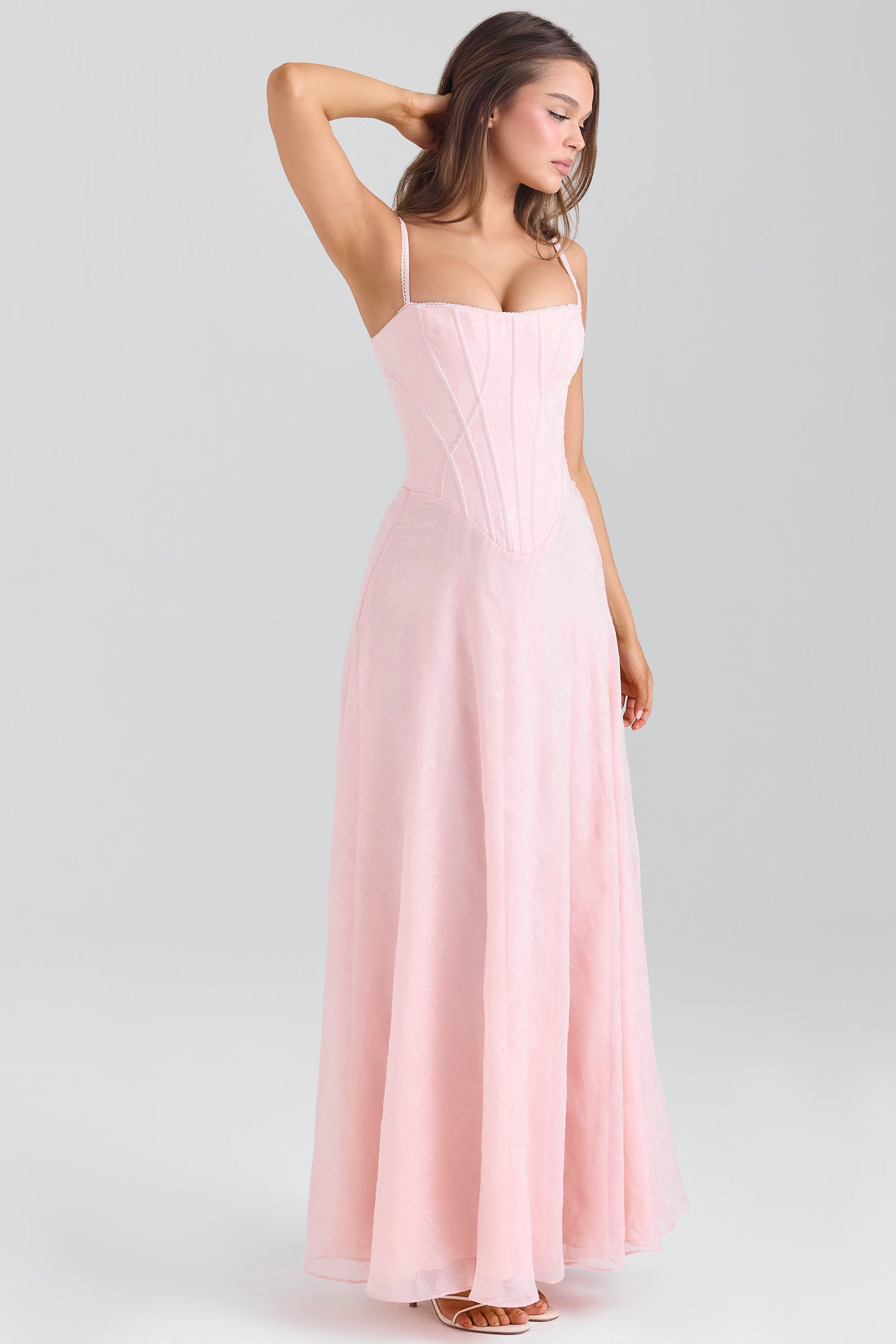 Pudra Pembe Simli Şifon Maxi Elbise