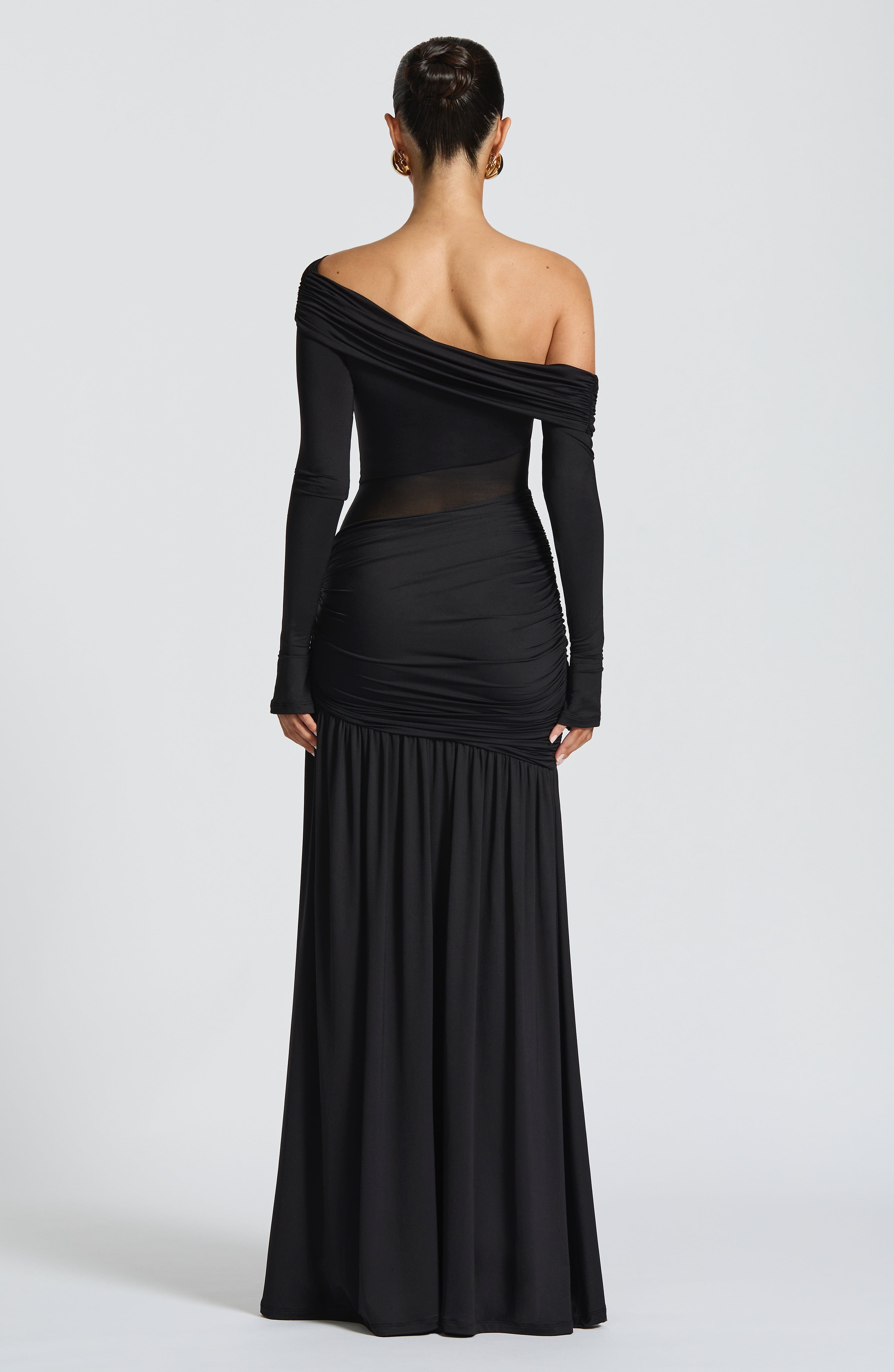 Siyah Tek Omuzlu Transparan Cut-Out Maxi Elbise