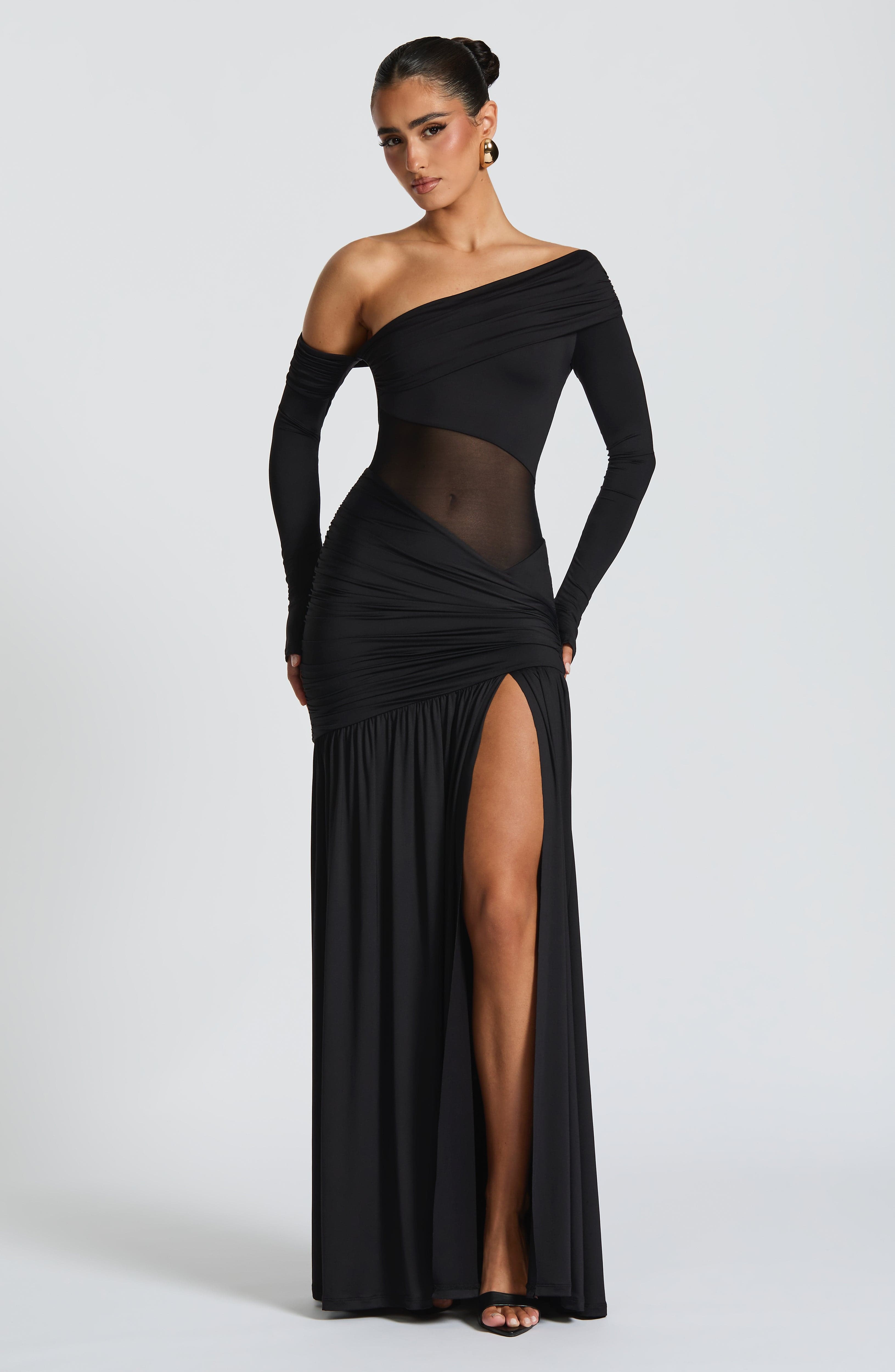 Siyah Tek Omuzlu Transparan Cut-Out Maxi Elbise