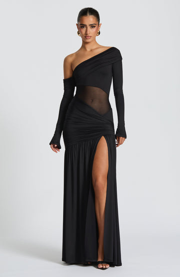 Siyah Tek Omuzlu Transparan Cut-Out Maxi Elbise