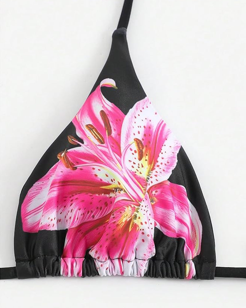 Çiçek Desenli Halter Kravat Sırtlı Bikini-Pareo