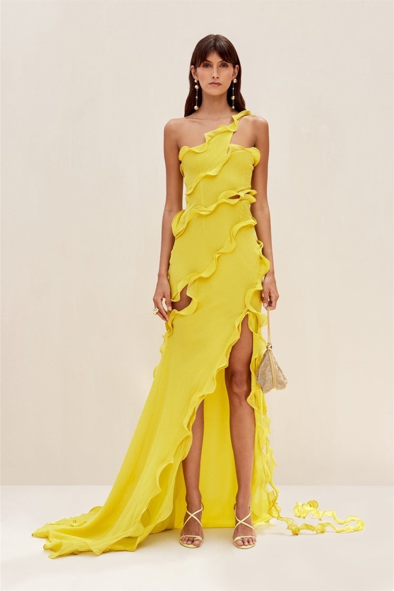 yellow one shoulder chiffon dress Adrianna Women's One-Shoulder Chiffon High Low Gown - Butter Yellow