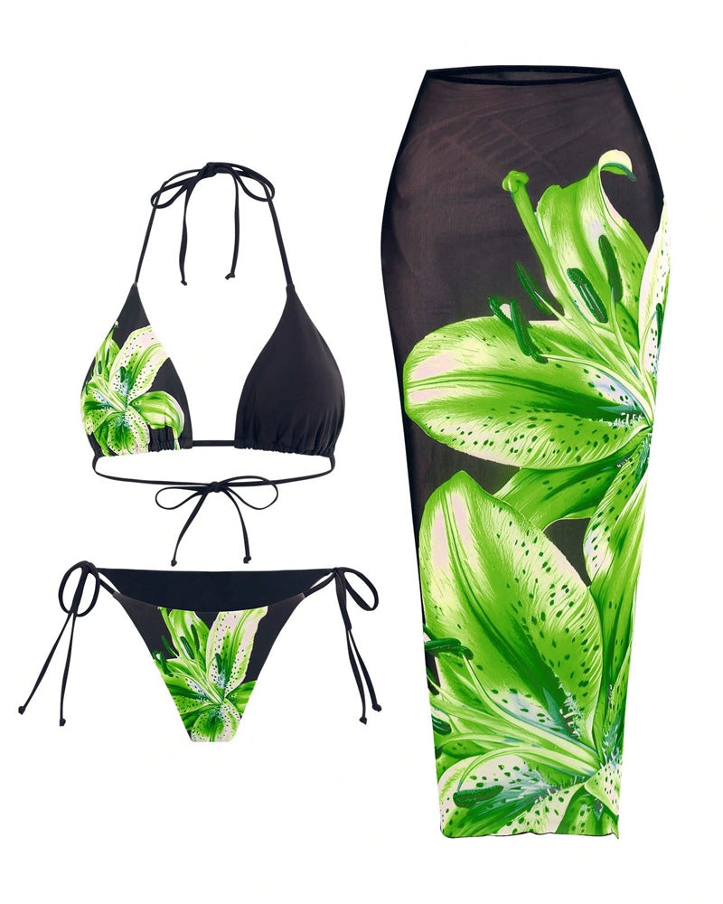 Çiçek Desenli Halter Kravat Sırtlı Bikini-Pareo